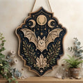 Celestial Bat Wooden Sign - Mystical Witchy Wall Decor with Triple Moon, Crystals & Botanicals