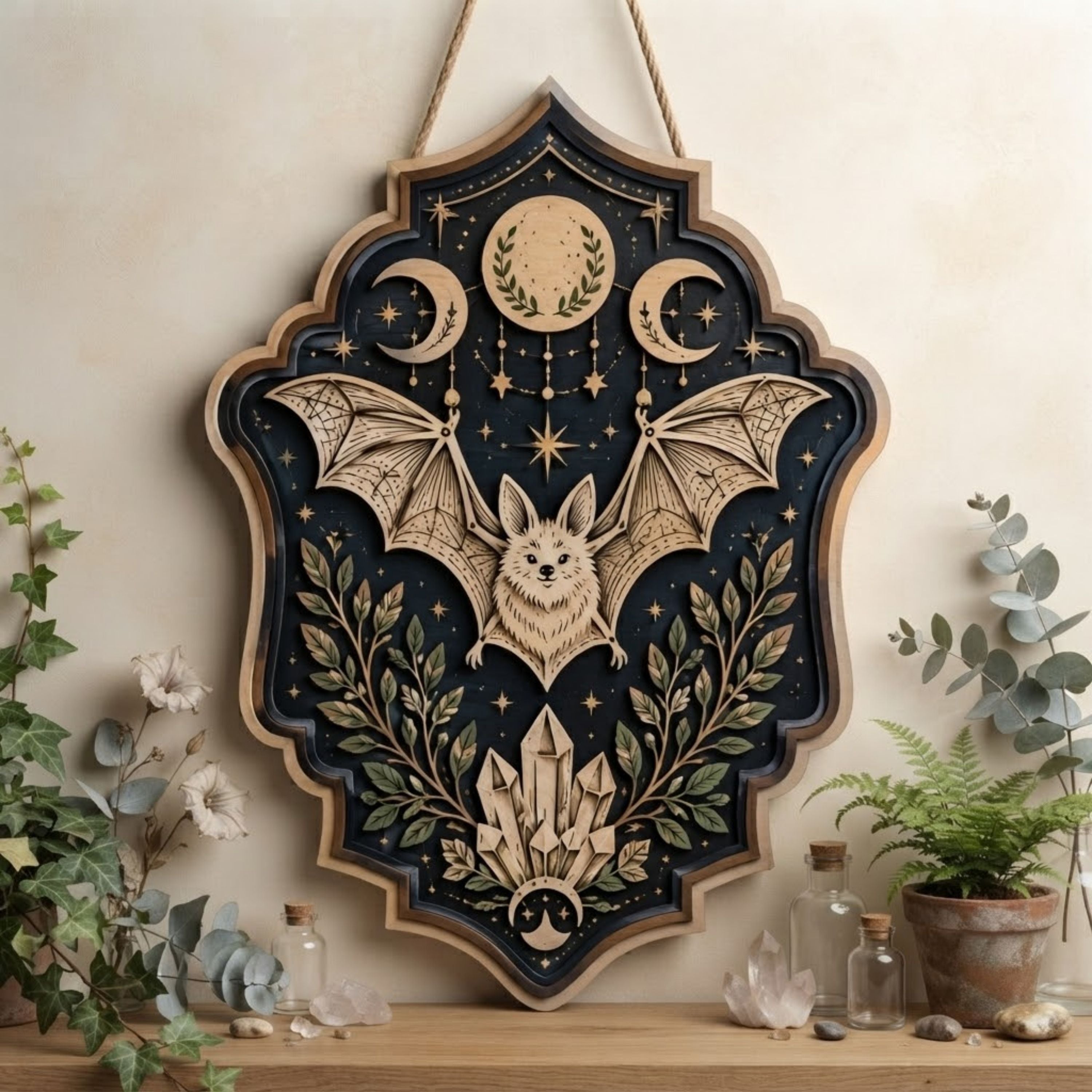 Celestial Bat Wooden Sign - Mystical Witchy Wall Decor with Triple Moon, Crystals & Botanicals