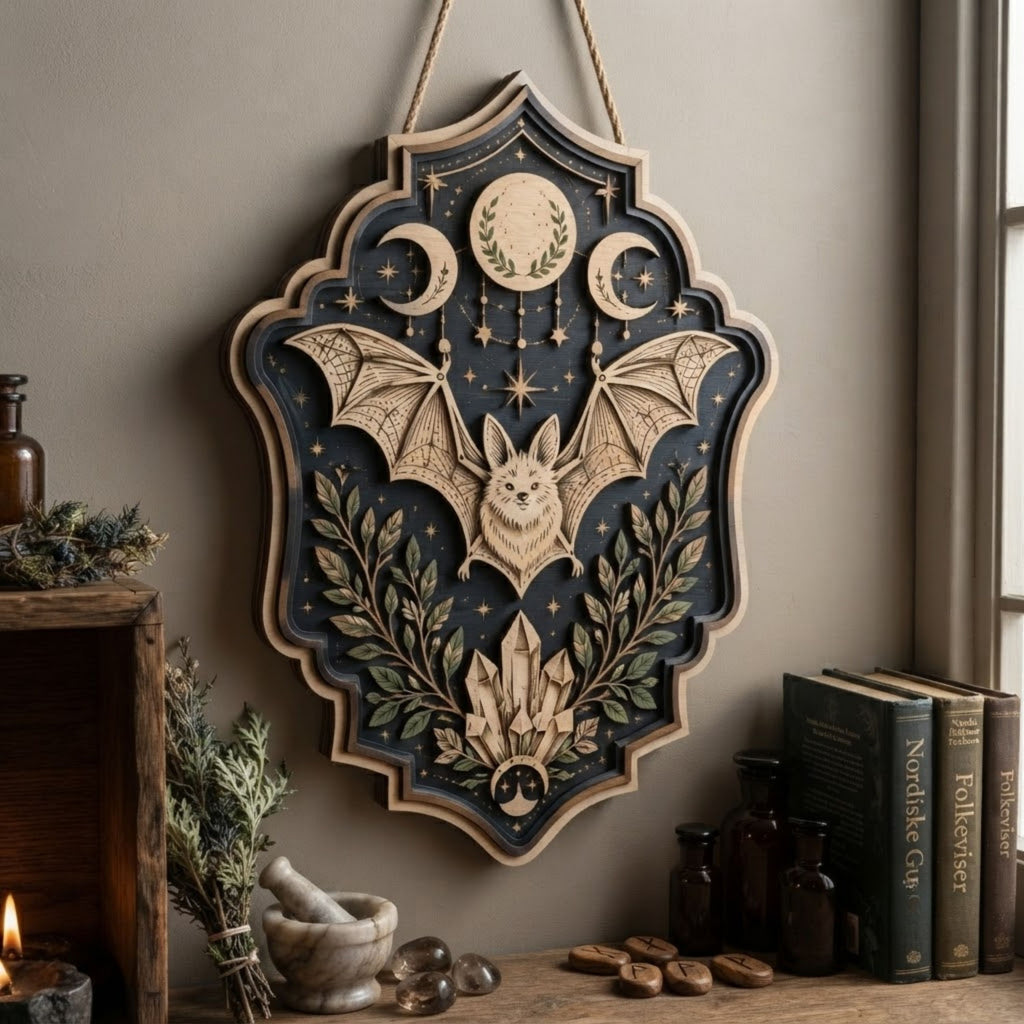 Celestial Bat Wooden Sign - Mystical Witchy Wall Decor with Triple Moon, Crystals & Botanicals