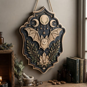 Celestial Bat Wooden Sign - Mystical Witchy Wall Decor with Triple Moon, Crystals & Botanicals