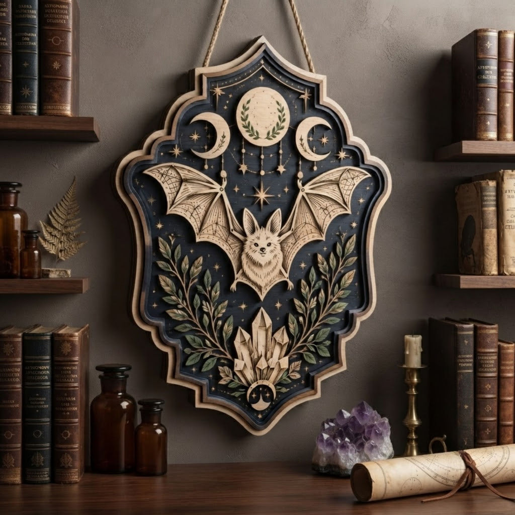 Celestial Bat Wooden Sign - Mystical Witchy Wall Decor with Triple Moon, Crystals & Botanicals