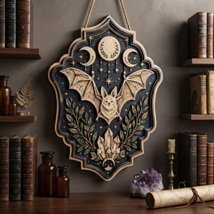 Celestial Bat Wooden Sign - Mystical Witchy Wall Decor with Triple Moon, Crystals & Botanicals