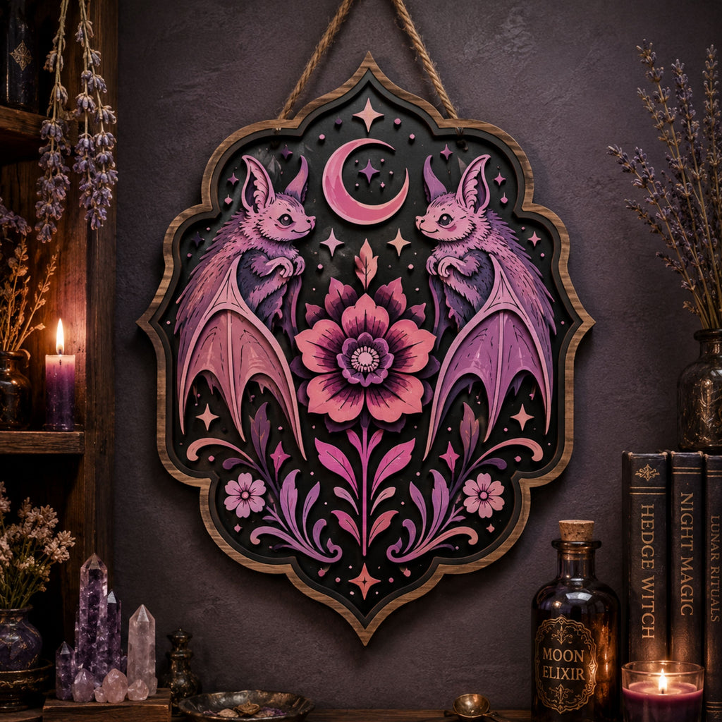 Twin Bat Floral Wooden Sign - Gothic Witchy Wall Decor with Crescent Moon, Pink Flowers & Stars