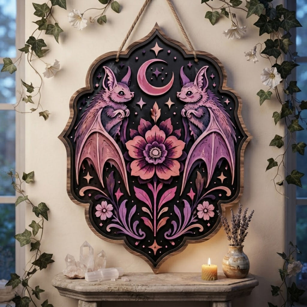 Twin Bat Floral Wooden Sign - Gothic Witchy Wall Decor with Crescent Moon, Pink Flowers & Stars