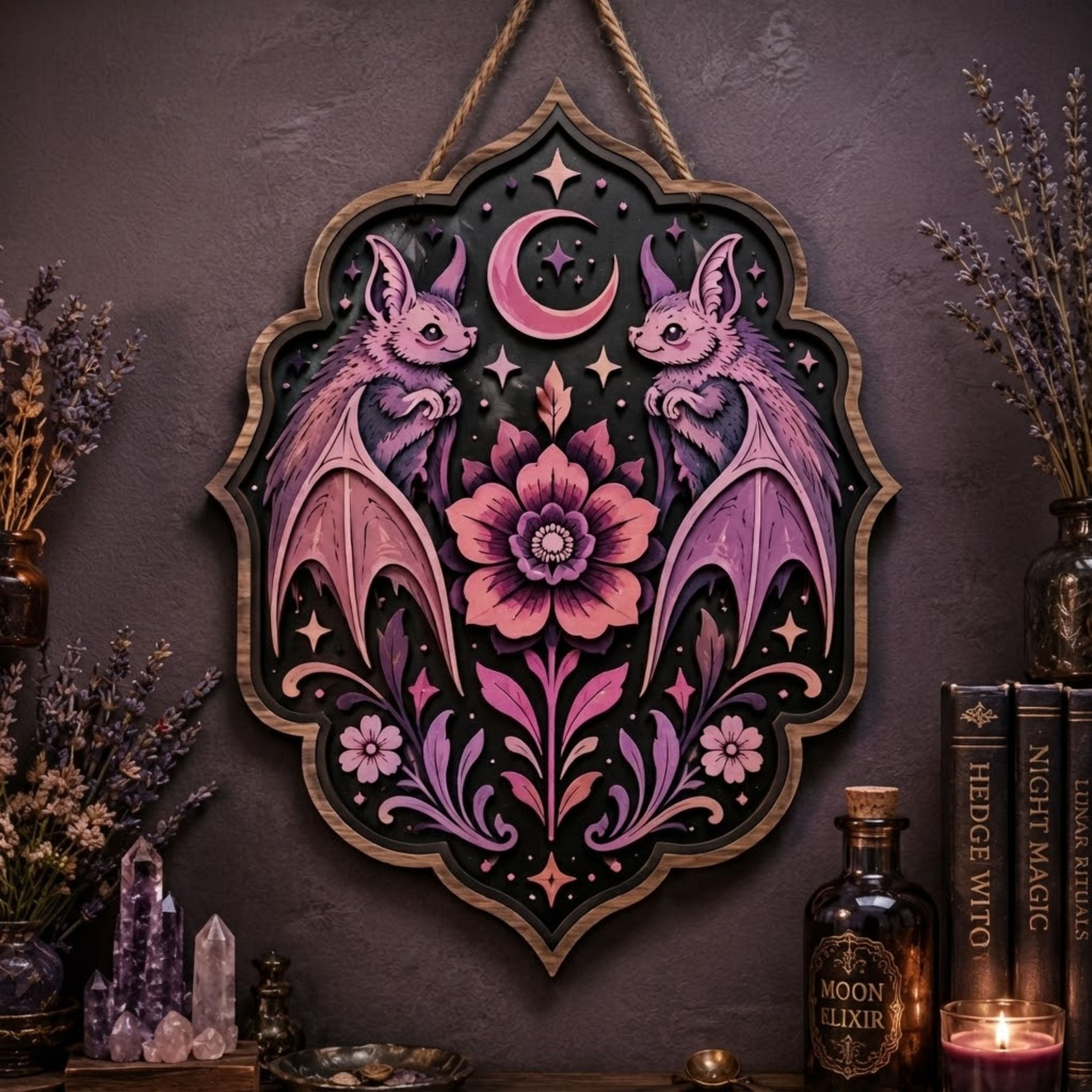 Twin Bat Floral Wooden Sign - Gothic Witchy Wall Decor with Crescent Moon, Pink Flowers & Stars