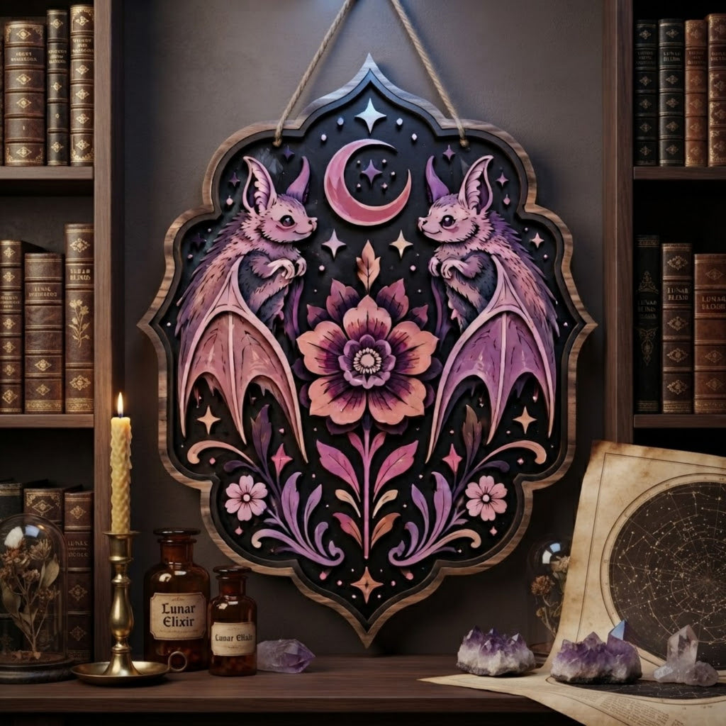 Twin Bat Floral Wooden Sign - Gothic Witchy Wall Decor with Crescent Moon, Pink Flowers & Stars