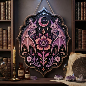 Twin Bat Floral Wooden Sign - Gothic Witchy Wall Decor with Crescent Moon, Pink Flowers & Stars