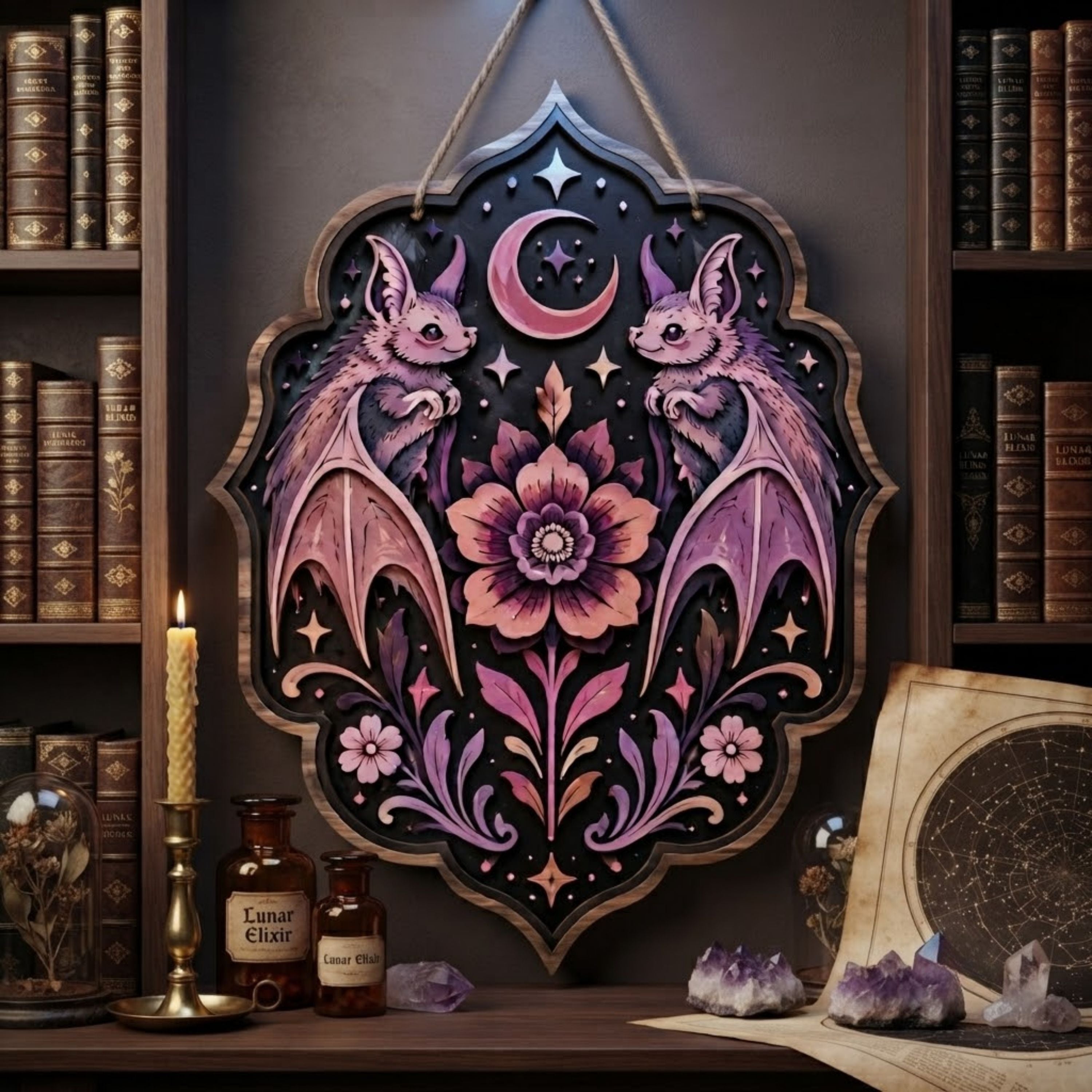 Twin Bat Floral Wooden Sign - Gothic Witchy Wall Decor with Crescent Moon, Pink Flowers & Stars