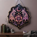 Twin Bat Floral Wooden Sign - Gothic Witchy Wall Decor with Crescent Moon, Pink Flowers & Stars