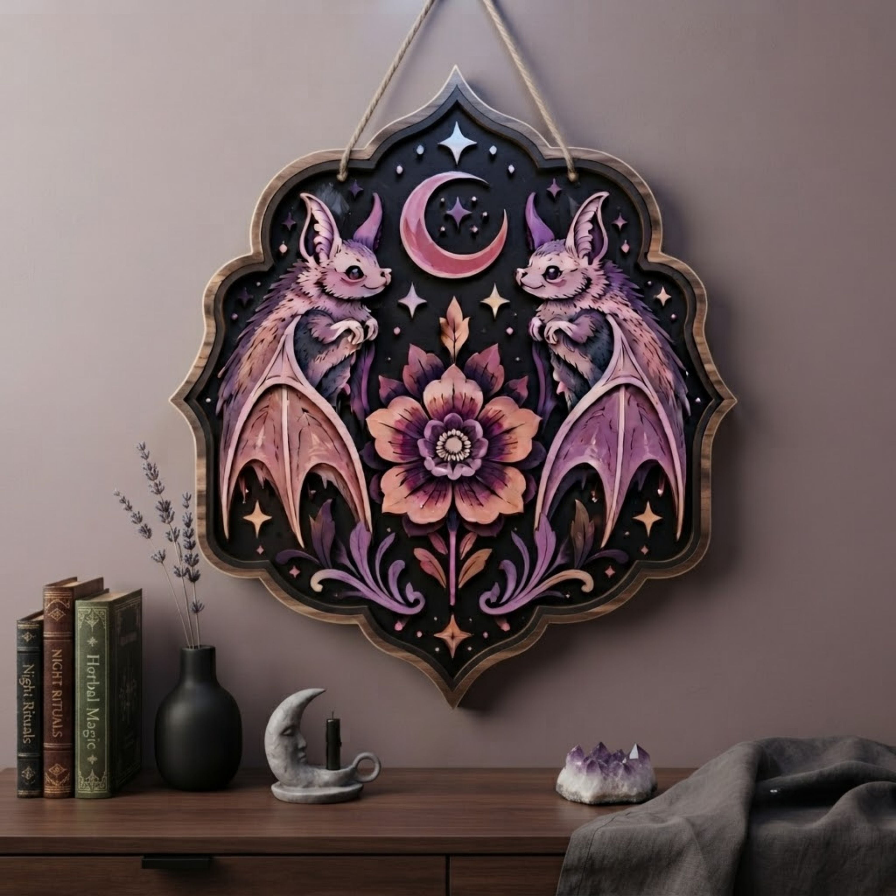 Twin Bat Floral Wooden Sign - Gothic Witchy Wall Decor with Crescent Moon, Pink Flowers & Stars