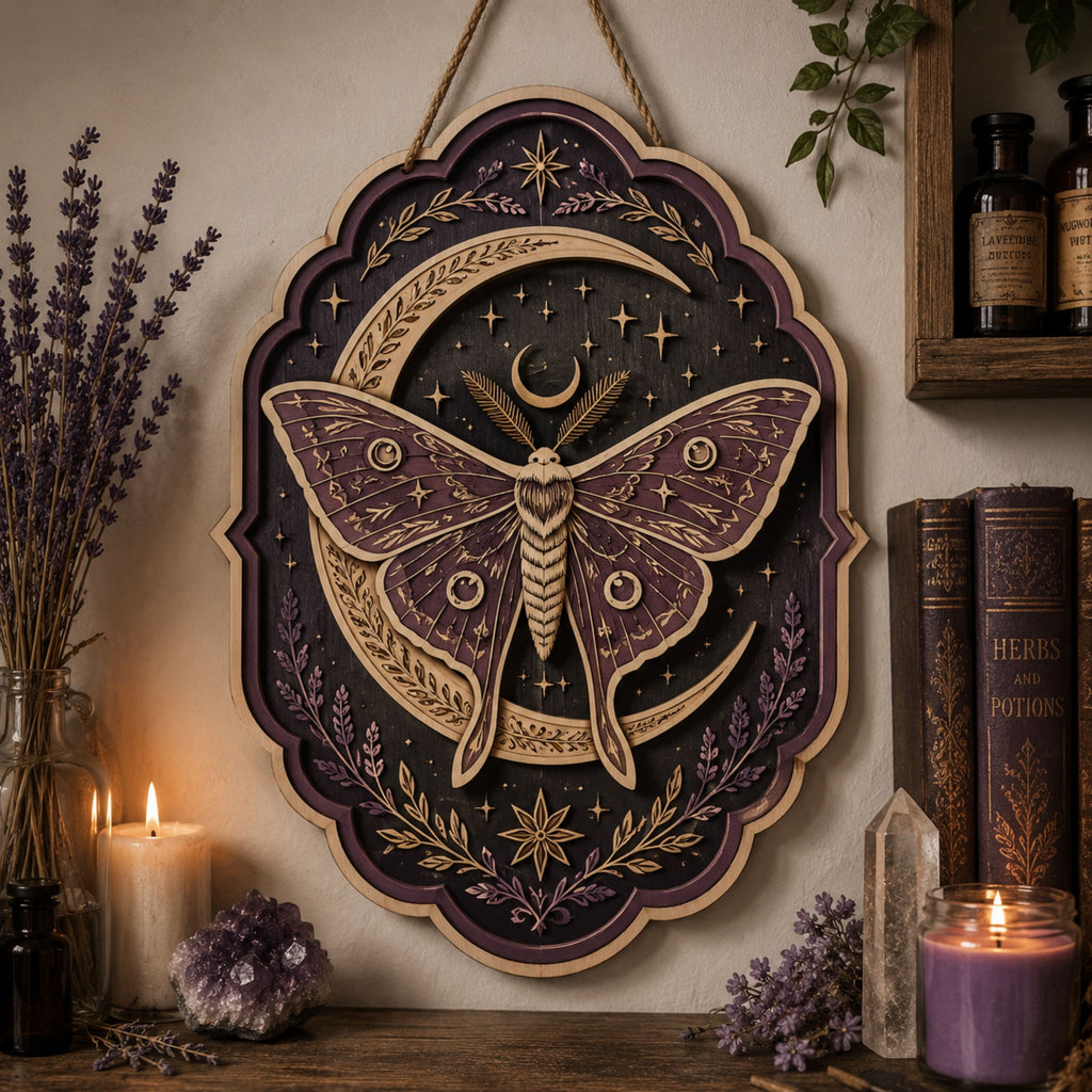 Moonlit Luna Moth Wooden Sign - Mystical Celestial Wall Decor with Crescent Moon, Lavender & Stars