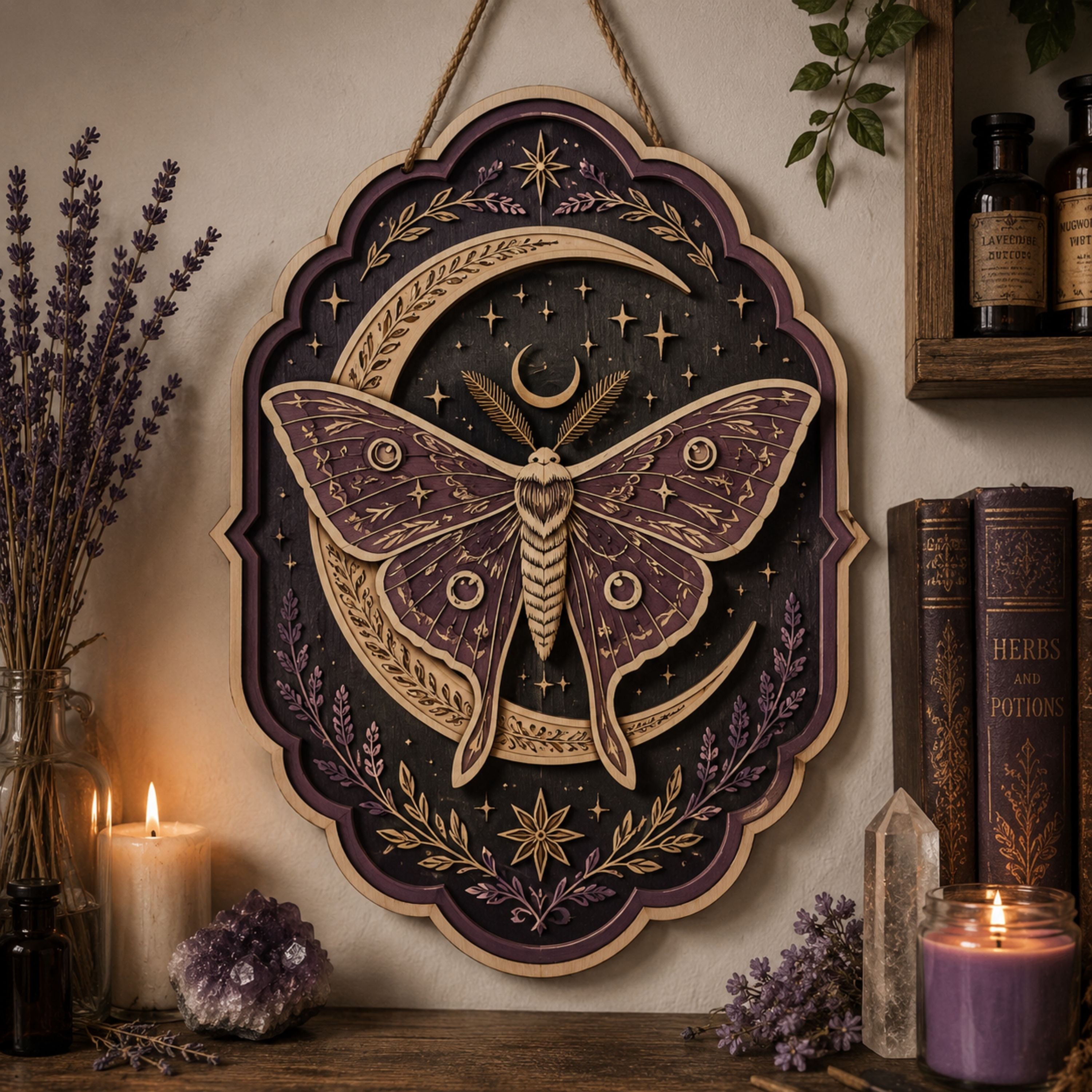 Moonlit Luna Moth Wooden Sign - Mystical Celestial Wall Decor with Crescent Moon, Lavender & Stars