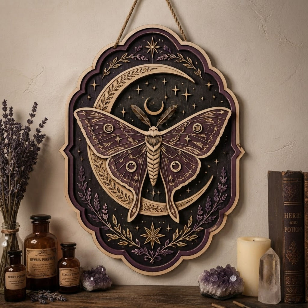 Moonlit Luna Moth Wooden Sign - Mystical Celestial Wall Decor with Crescent Moon, Lavender & Stars
