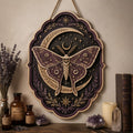 Moonlit Luna Moth Wooden Sign - Mystical Celestial Wall Decor with Crescent Moon, Lavender & Stars