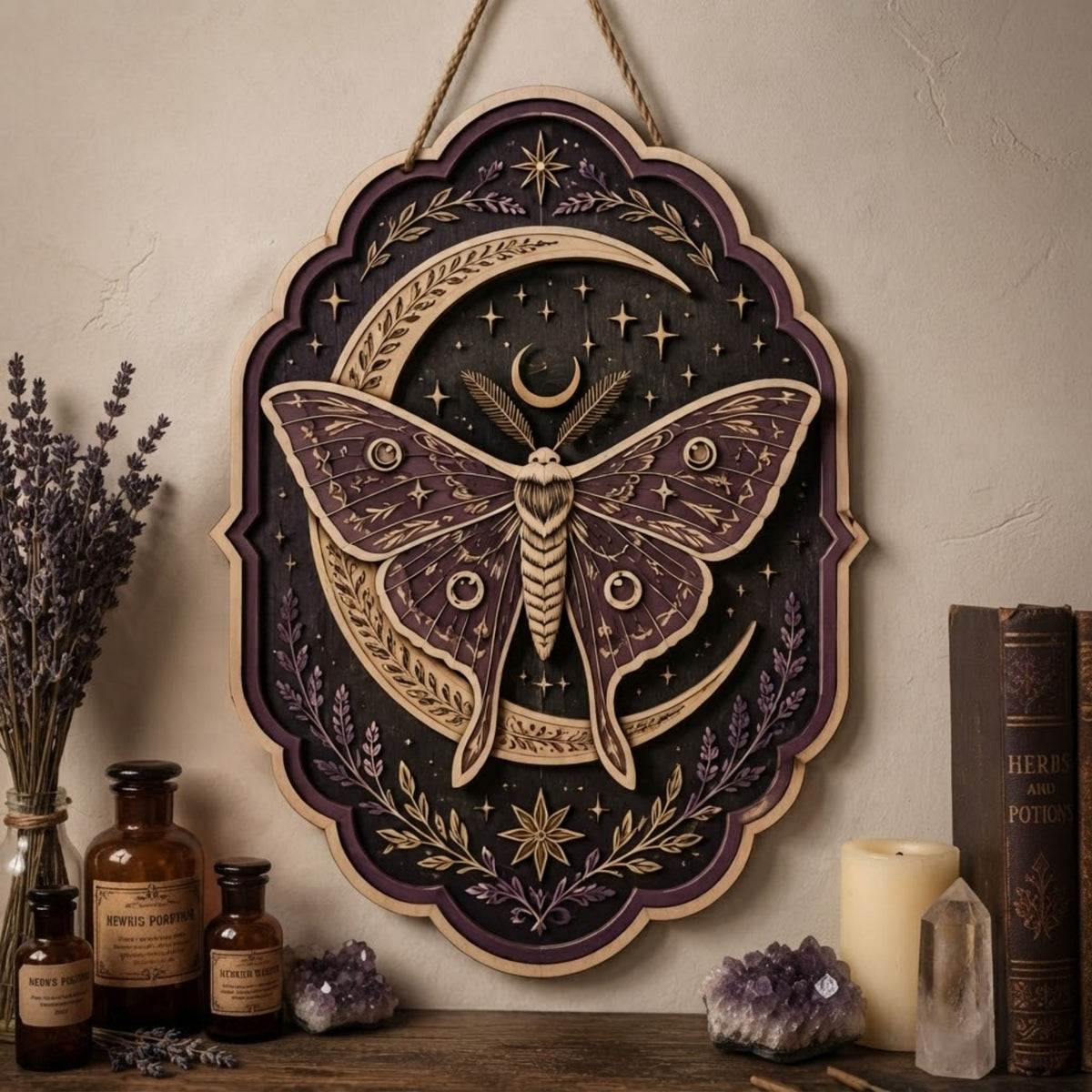 Moonlit Luna Moth Wooden Sign - Mystical Celestial Wall Decor with Crescent Moon, Lavender & Stars