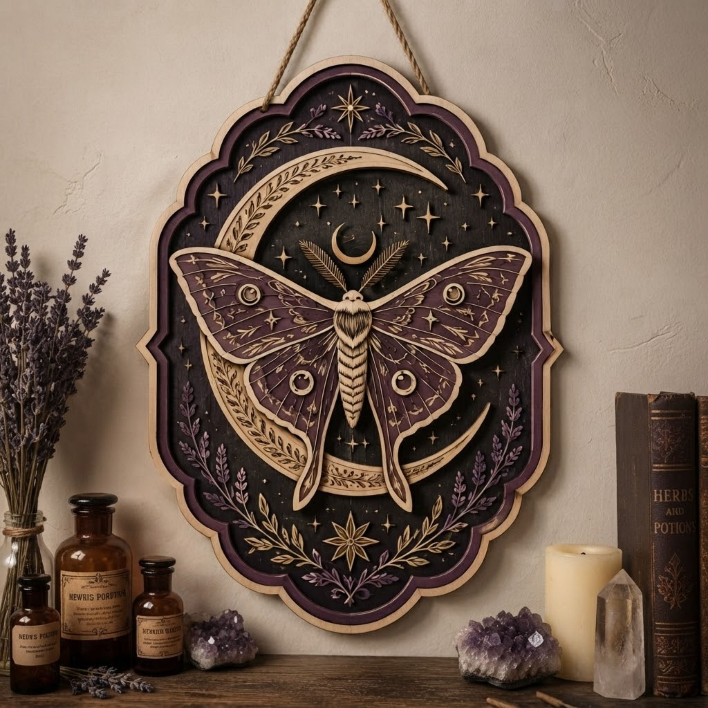 Moonlit Luna Moth Wooden Sign - Mystical Celestial Wall Decor with Crescent Moon, Lavender & Stars