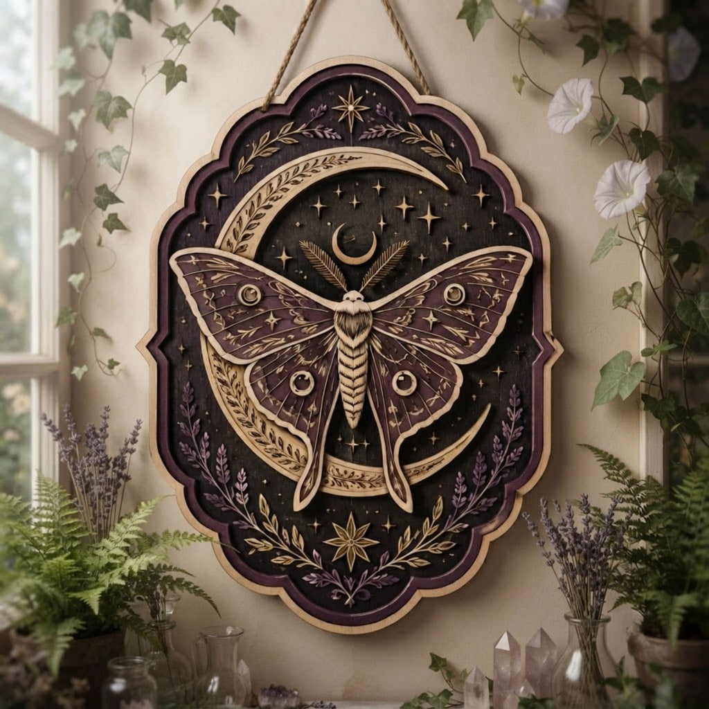 Moonlit Luna Moth Wooden Sign - Mystical Celestial Wall Decor with Crescent Moon, Lavender & Stars