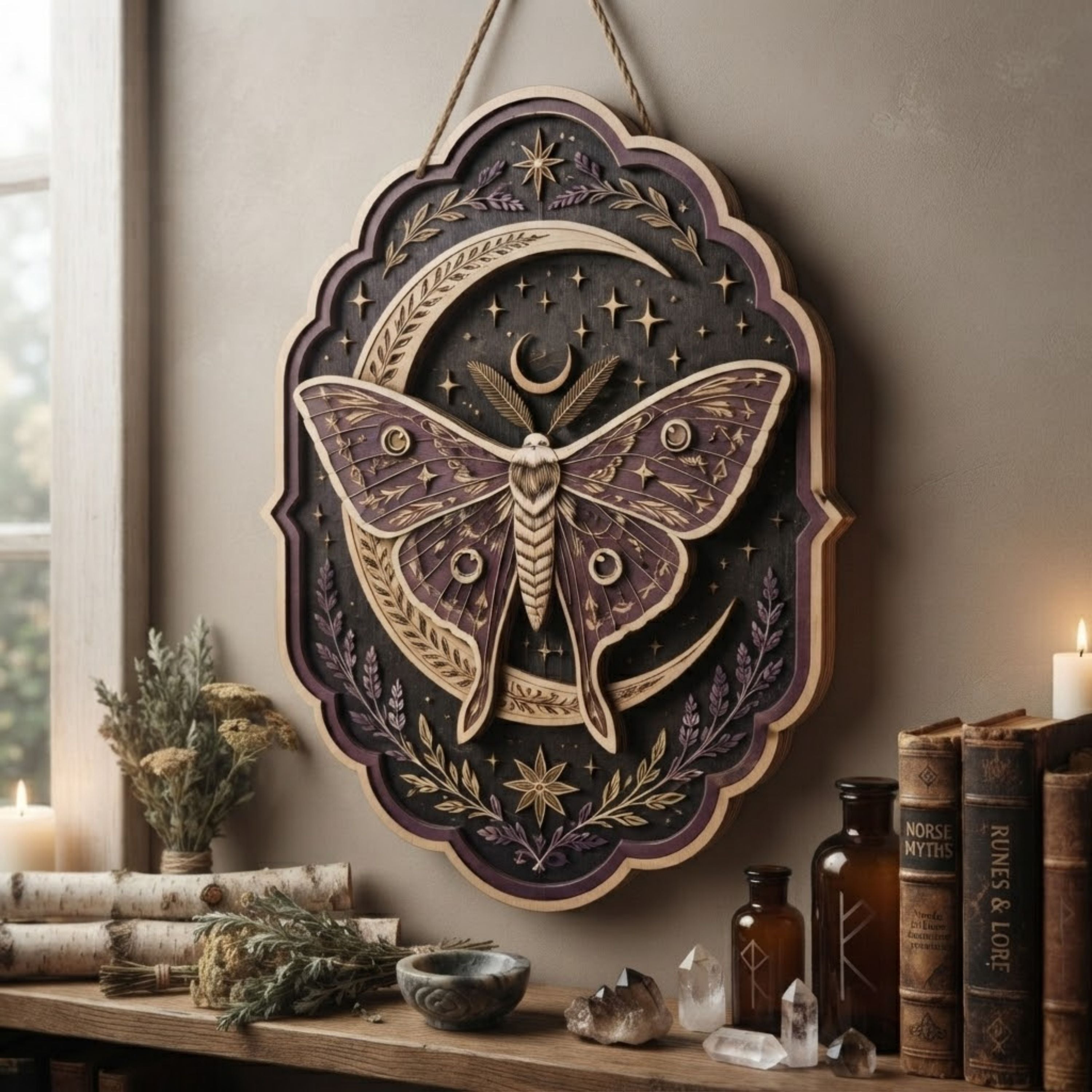 Moonlit Luna Moth Wooden Sign - Mystical Celestial Wall Decor with Crescent Moon, Lavender & Stars