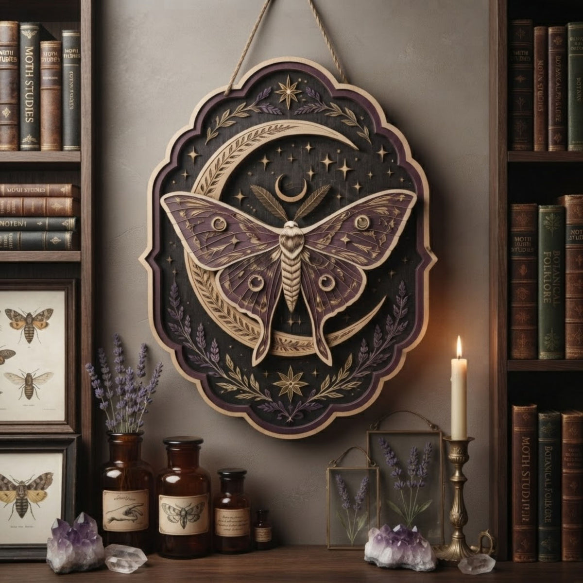 Moonlit Luna Moth Wooden Sign - Mystical Celestial Wall Decor with Crescent Moon, Lavender & Stars