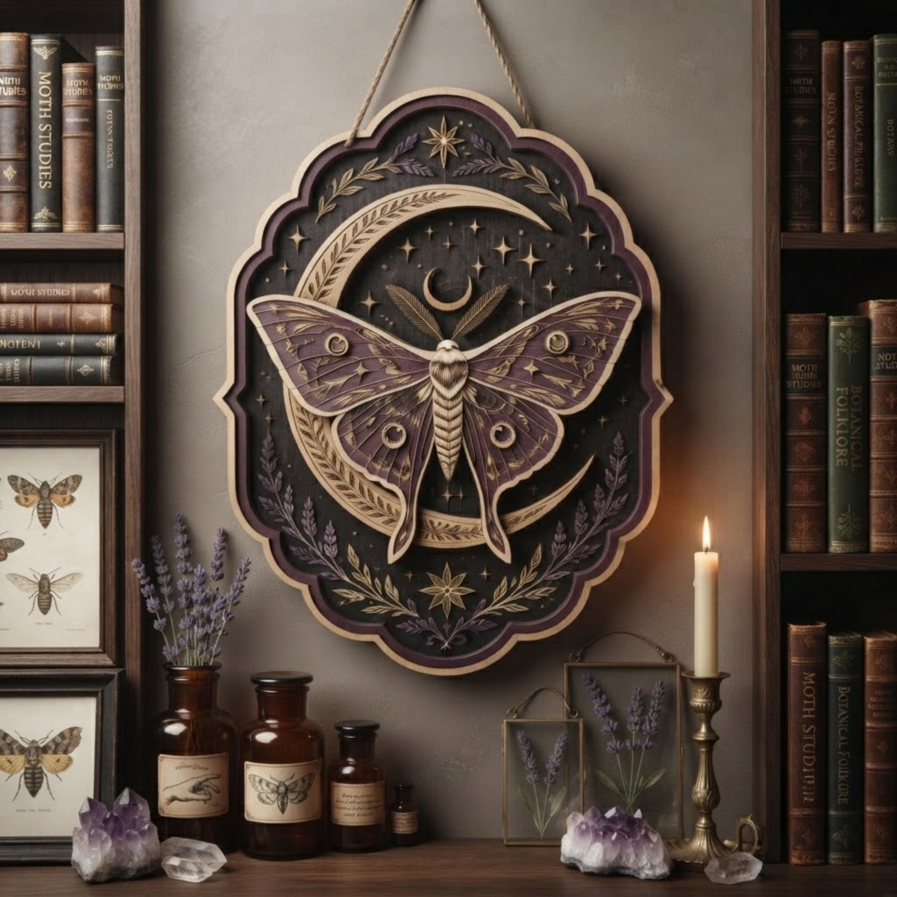Moonlit Luna Moth Wooden Sign - Mystical Celestial Wall Decor with Crescent Moon, Lavender & Stars
