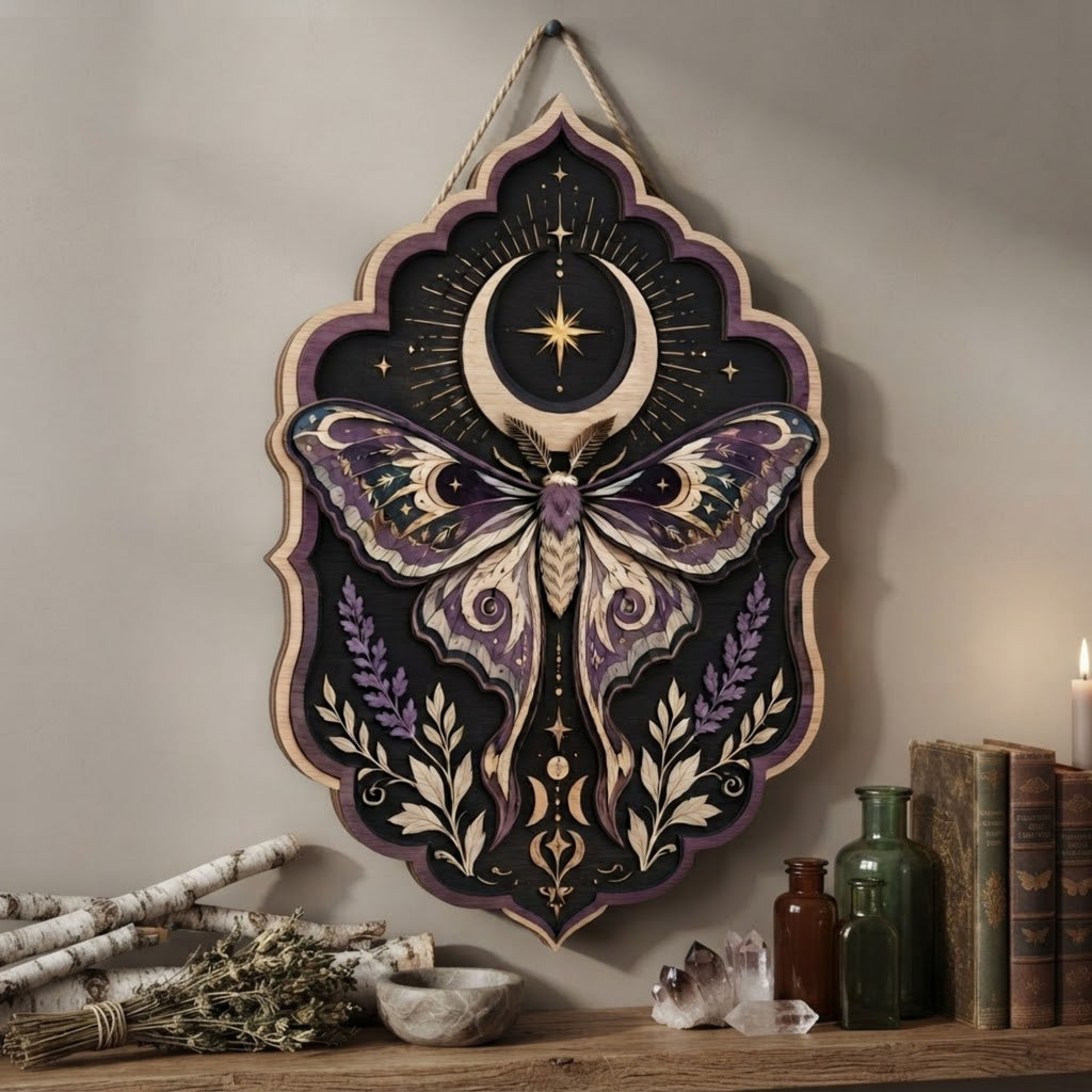 Celestial Purple Moth Wooden Sign - Witchy Moon Wall Decor with Lavender, Stars & Lunar Symbols