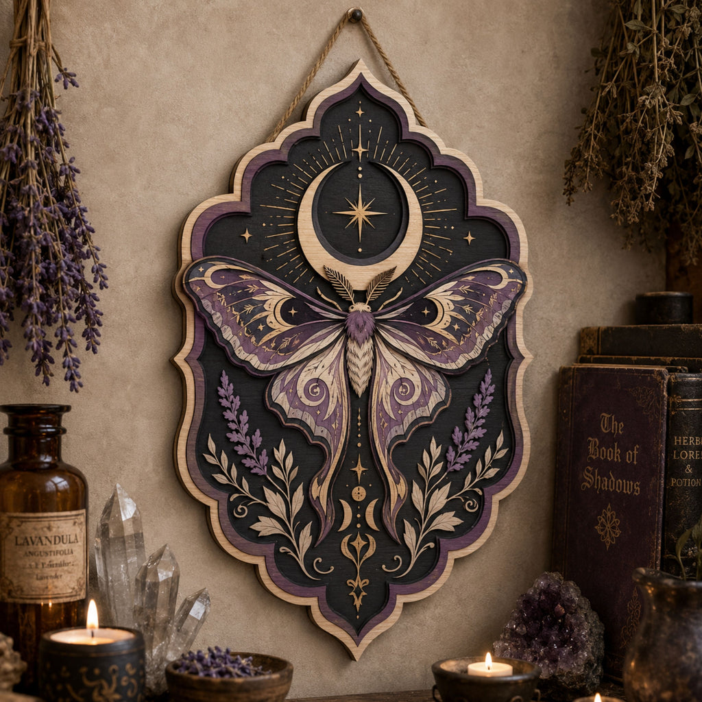 Celestial Purple Moth Wooden Sign - Witchy Moon Wall Decor with Lavender, Stars & Lunar Symbols
