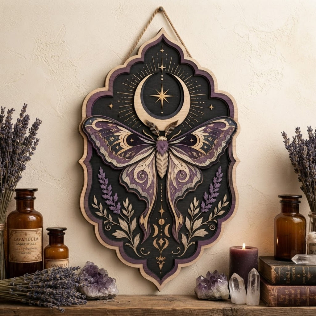 Celestial Purple Moth Wooden Sign - Witchy Moon Wall Decor with Lavender, Stars & Lunar Symbols