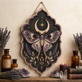 Celestial Purple Moth Wooden Sign - Witchy Moon Wall Decor with Lavender, Stars & Lunar Symbols
