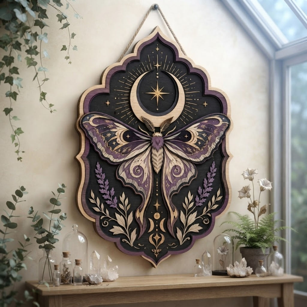 Celestial Purple Moth Wooden Sign - Witchy Moon Wall Decor with Lavender, Stars & Lunar Symbols