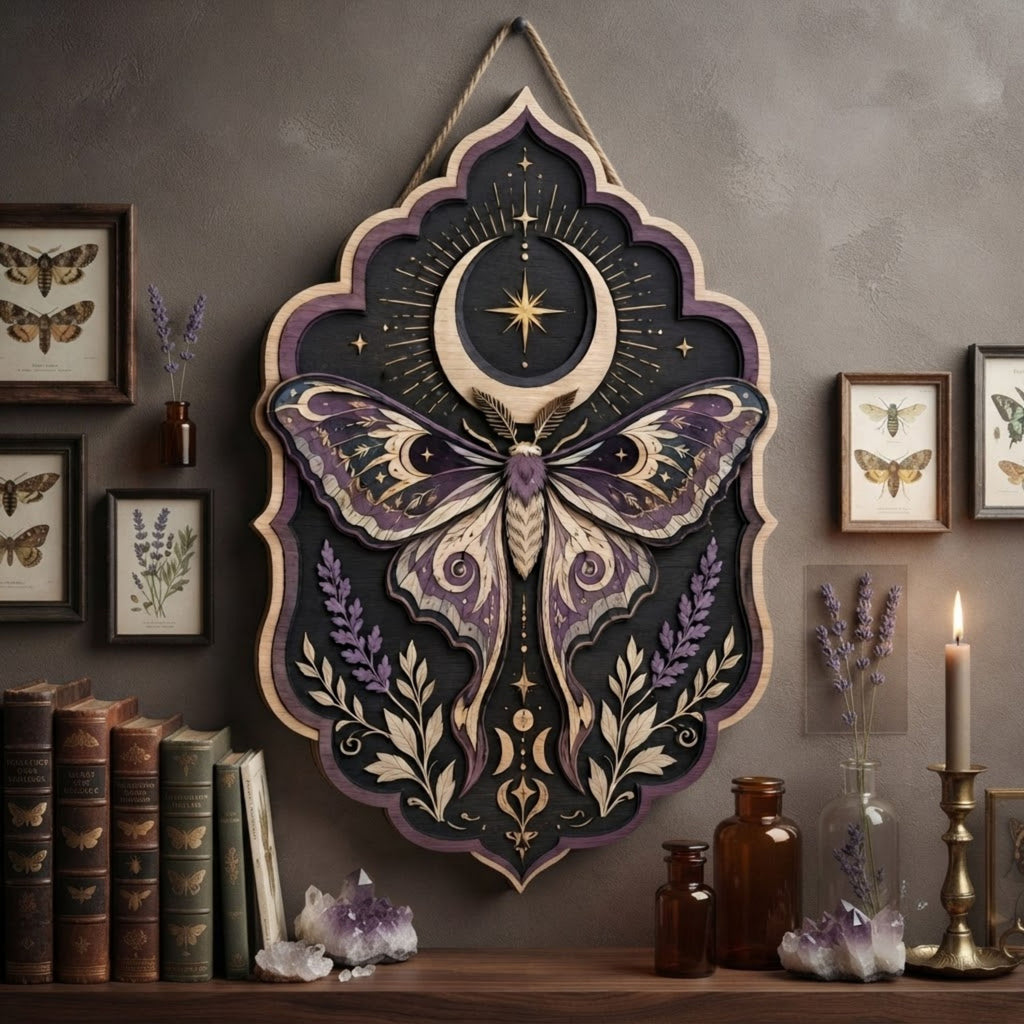 Celestial Purple Moth Wooden Sign - Witchy Moon Wall Decor with Lavender, Stars & Lunar Symbols