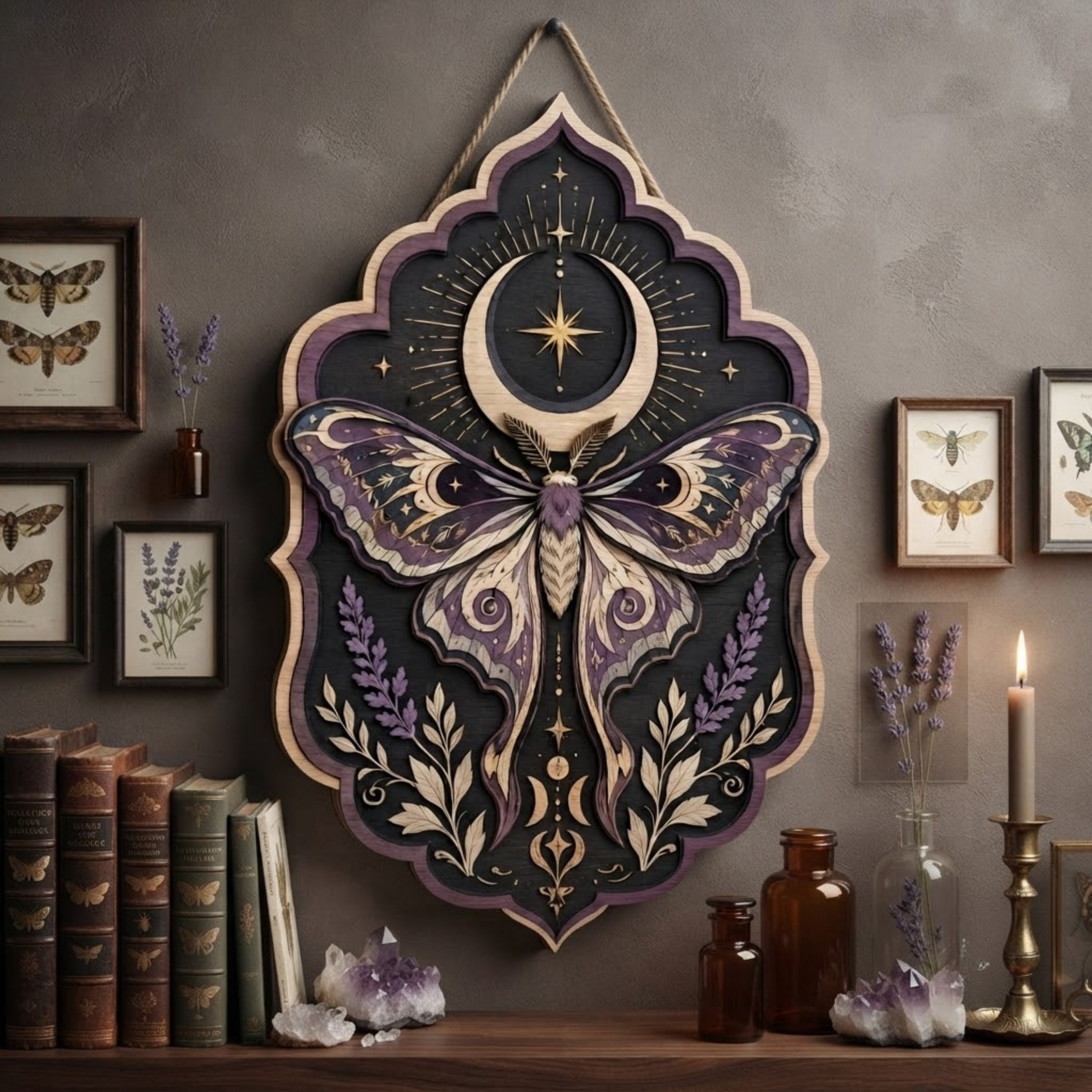Celestial Purple Moth Wooden Sign - Witchy Moon Wall Decor with Lavender, Stars & Lunar Symbols