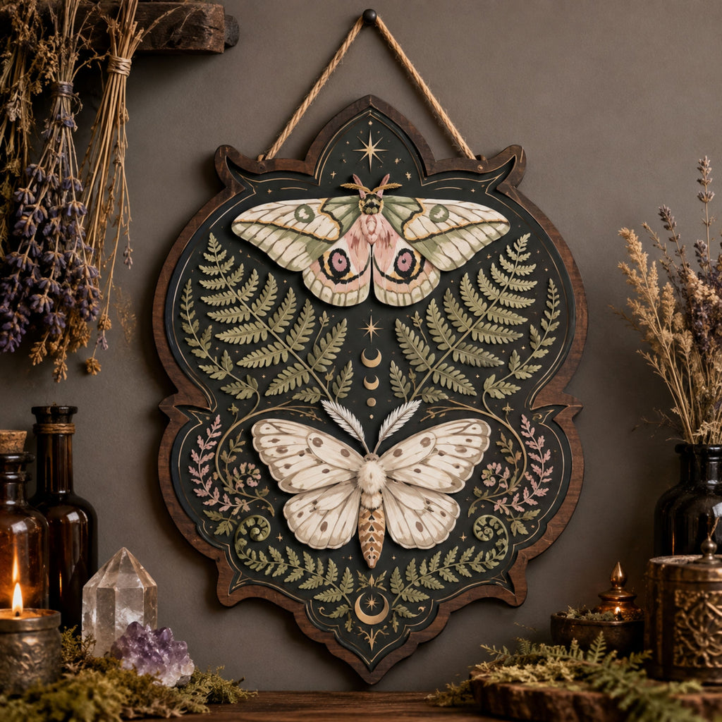 Botanical Moth Wooden Sign - Mystical Woodland Wall Decor with Ferns, Moon Phases & Celestial Stars