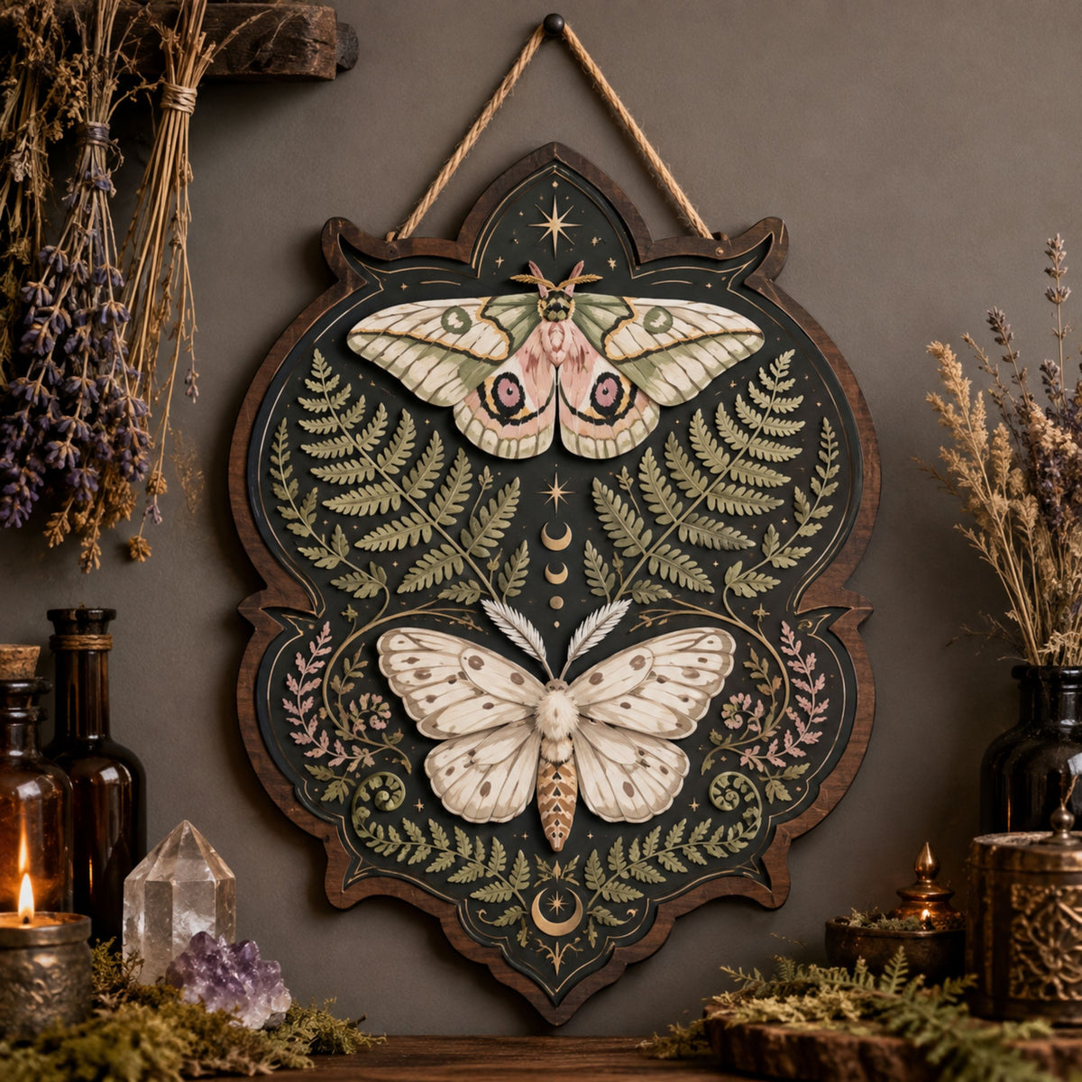 Botanical Moth Wooden Sign - Mystical Woodland Wall Decor with Ferns, Moon Phases & Celestial Stars