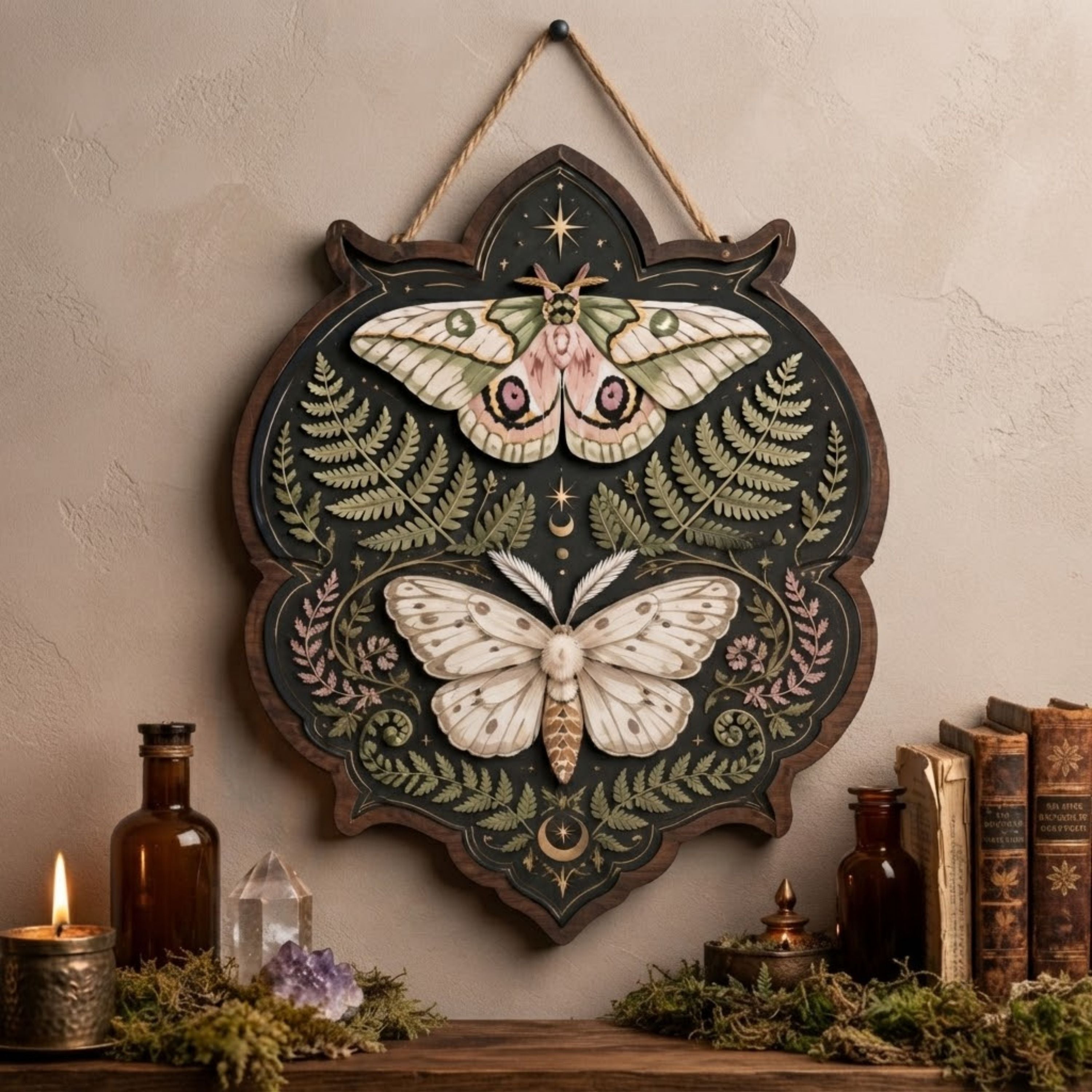 Botanical Moth Wooden Sign - Mystical Woodland Wall Decor with Ferns, Moon Phases & Celestial Stars