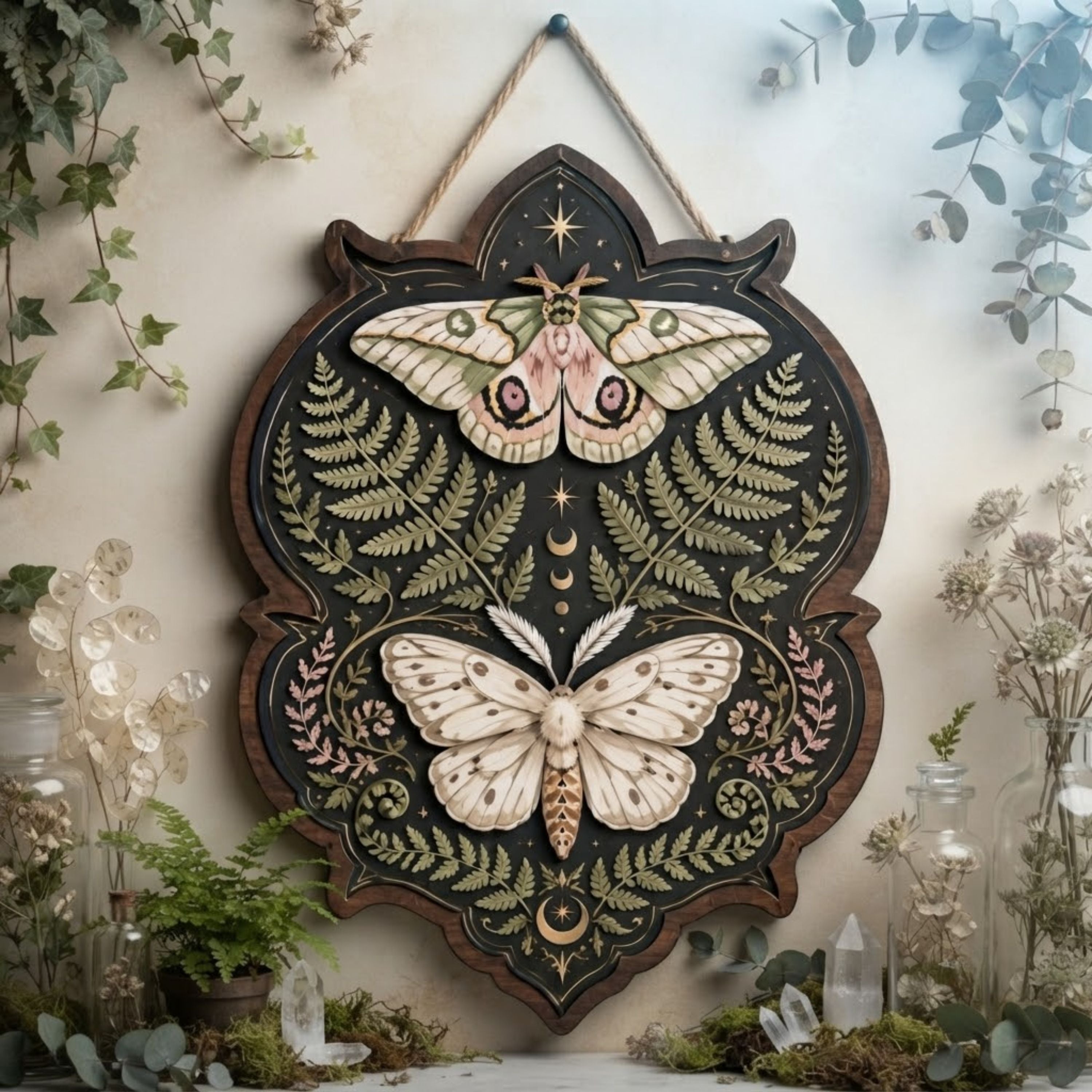Botanical Moth Wooden Sign - Mystical Woodland Wall Decor with Ferns, Moon Phases & Celestial Stars