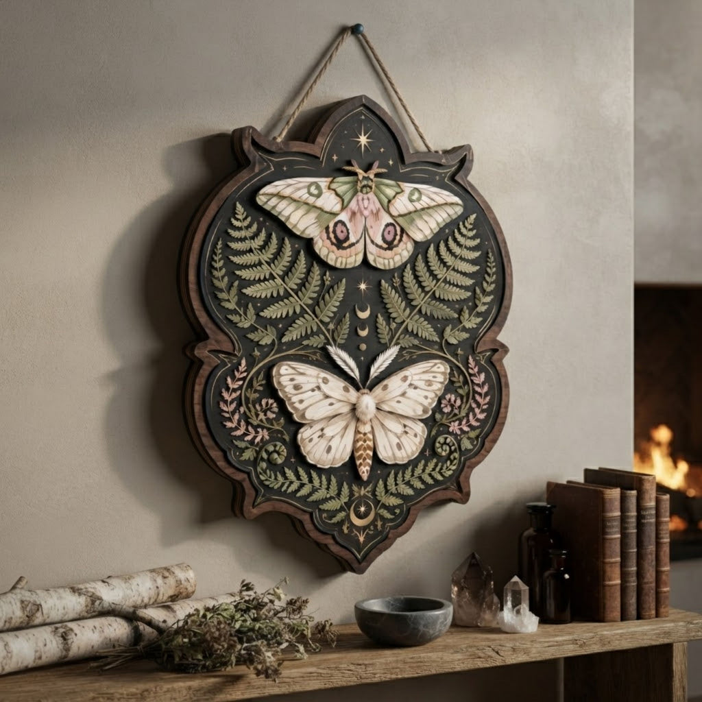 Botanical Moth Wooden Sign - Mystical Woodland Wall Decor with Ferns, Moon Phases & Celestial Stars