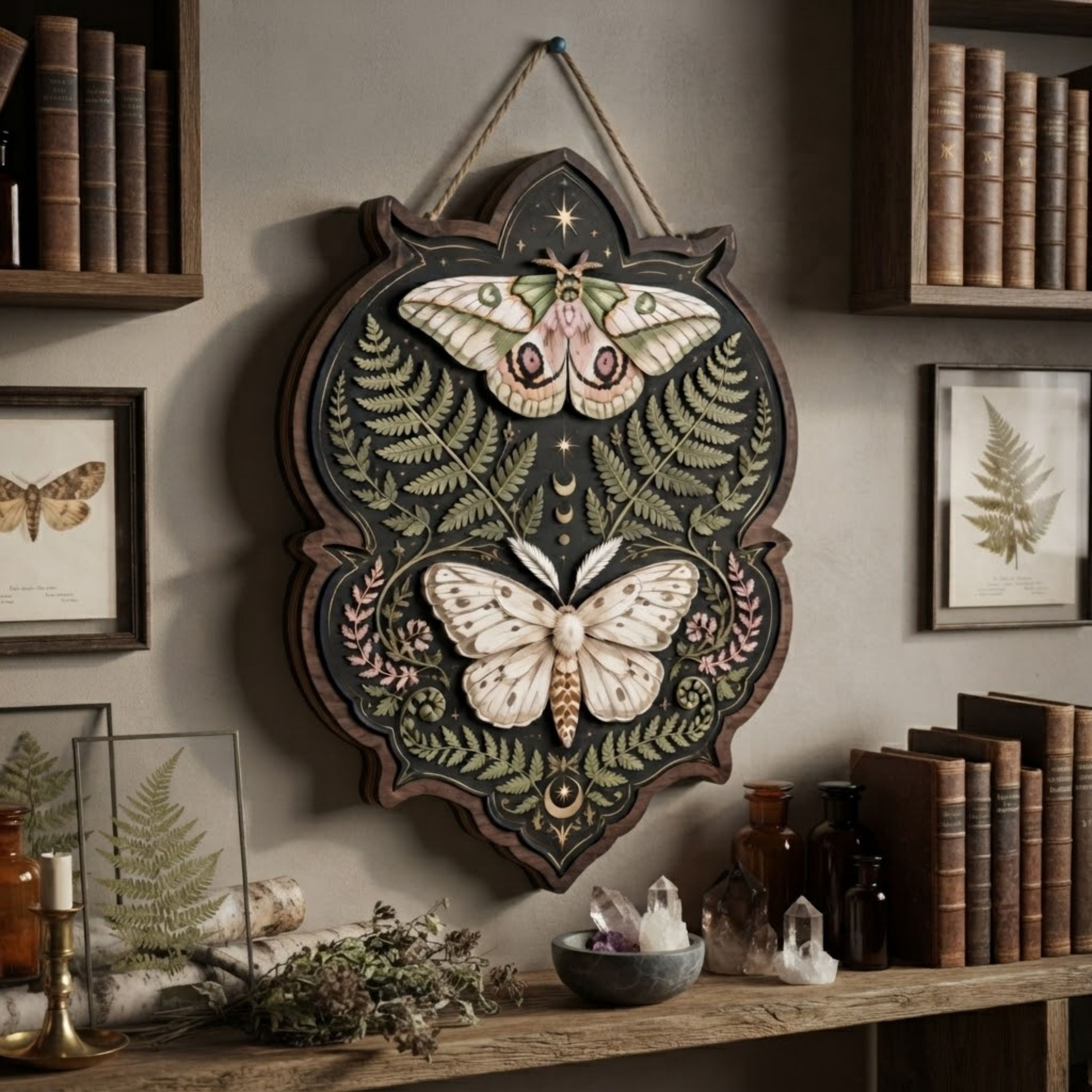 Botanical Moth Wooden Sign - Mystical Woodland Wall Decor with Ferns, Moon Phases & Celestial Stars