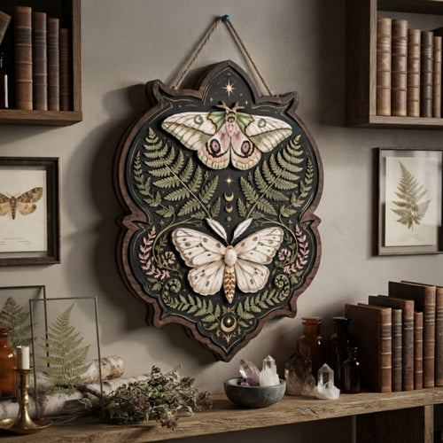 Botanical Moth Wooden Sign - Mystical Woodland Wall Decor with Ferns, Moon Phases & Celestial Stars