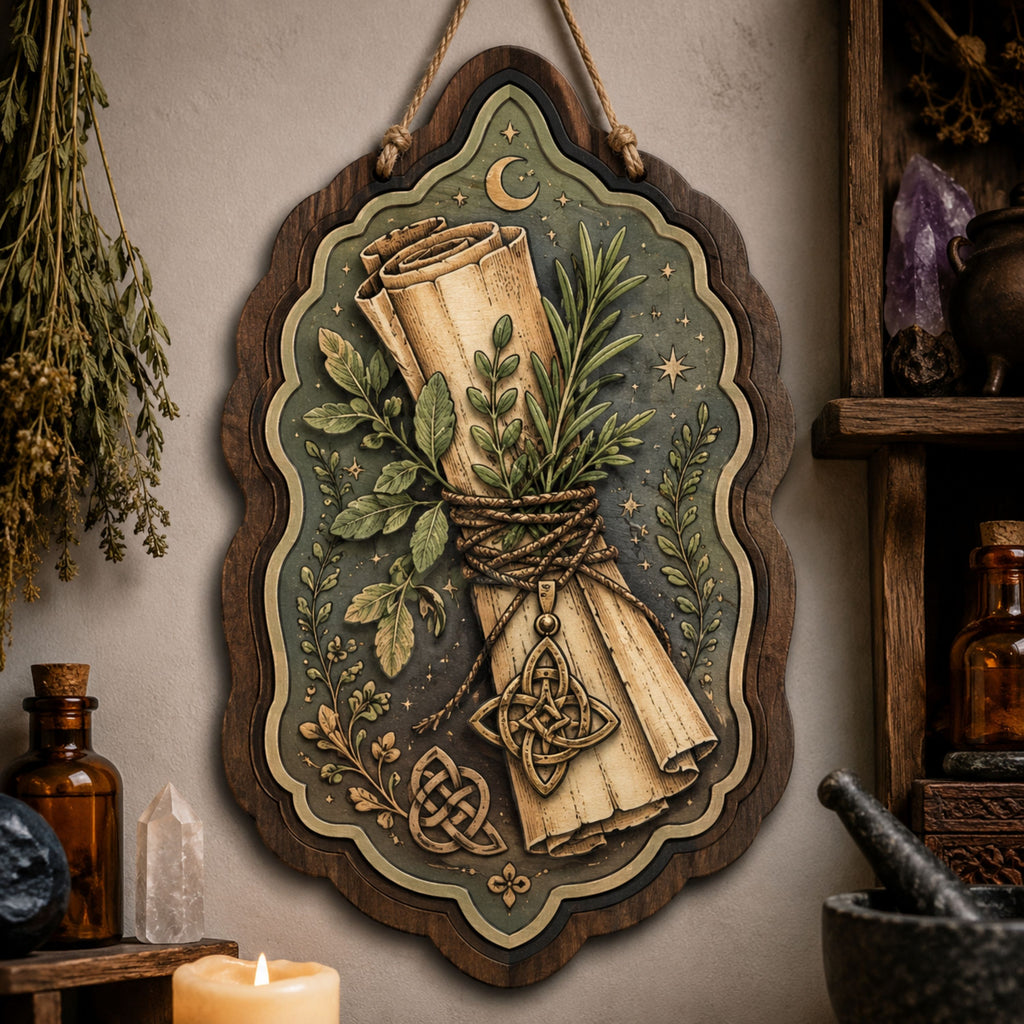 Herbal Scroll Wooden Sign - Green Witch Wall Decor with Healing Herbs, Crescent Moon & Celtic Knots
