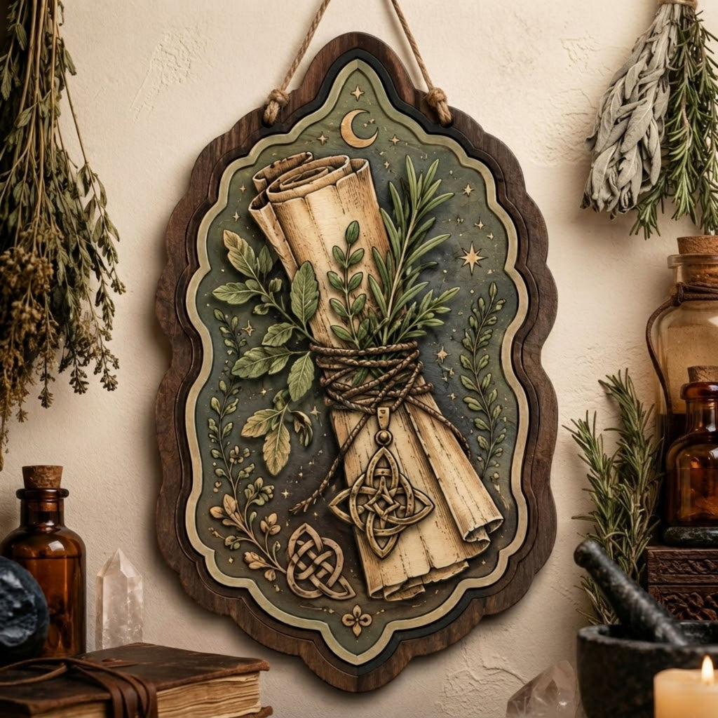 Herbal Scroll Wooden Sign - Green Witch Wall Decor with Healing Herbs, Crescent Moon & Celtic Knots