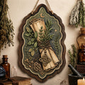 Herbal Scroll Wooden Sign - Green Witch Wall Decor with Healing Herbs, Crescent Moon & Celtic Knots