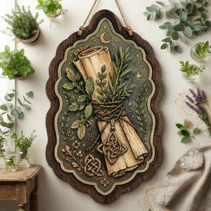 Herbal Scroll Wooden Sign - Green Witch Wall Decor with Healing Herbs, Crescent Moon & Celtic Knots