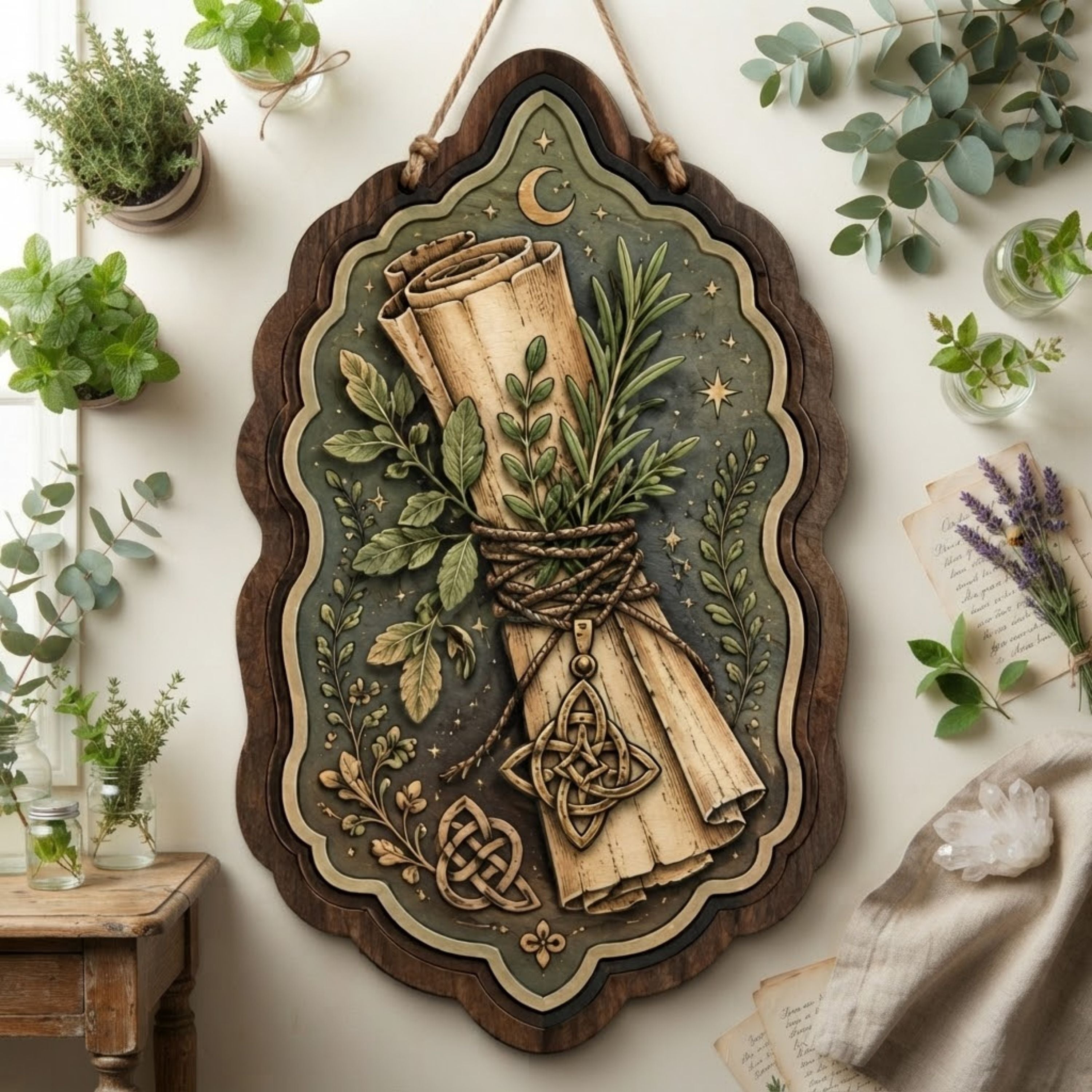 Herbal Scroll Wooden Sign - Green Witch Wall Decor with Healing Herbs, Crescent Moon & Celtic Knots