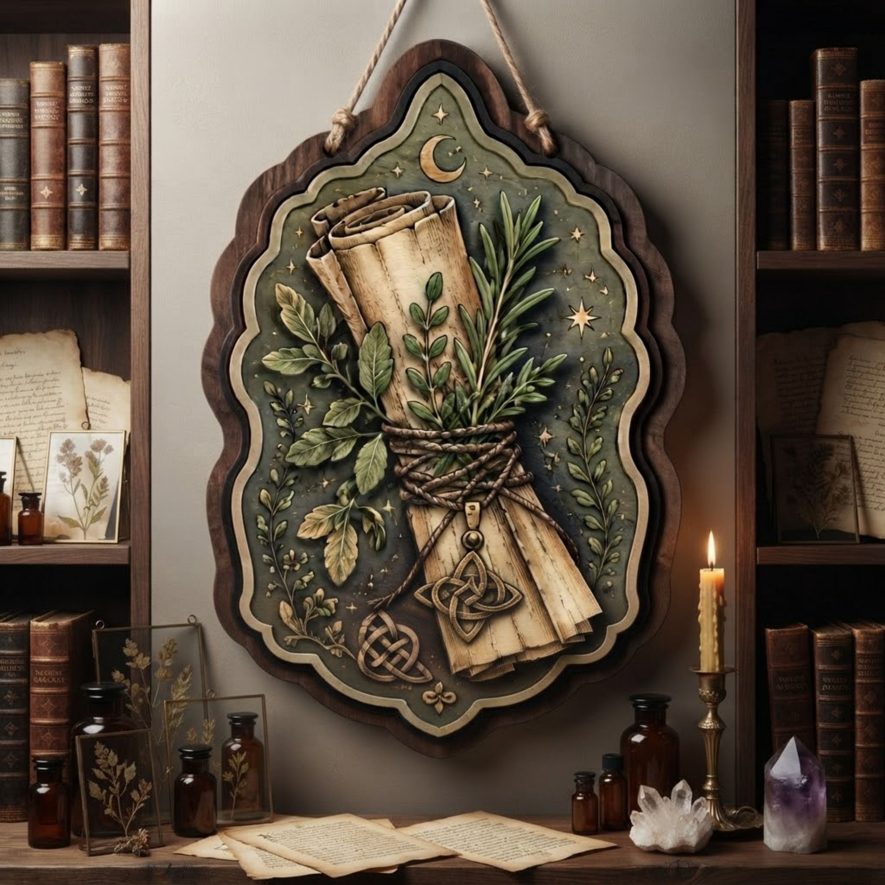 Herbal Scroll Wooden Sign - Green Witch Wall Decor with Healing Herbs, Crescent Moon & Celtic Knots