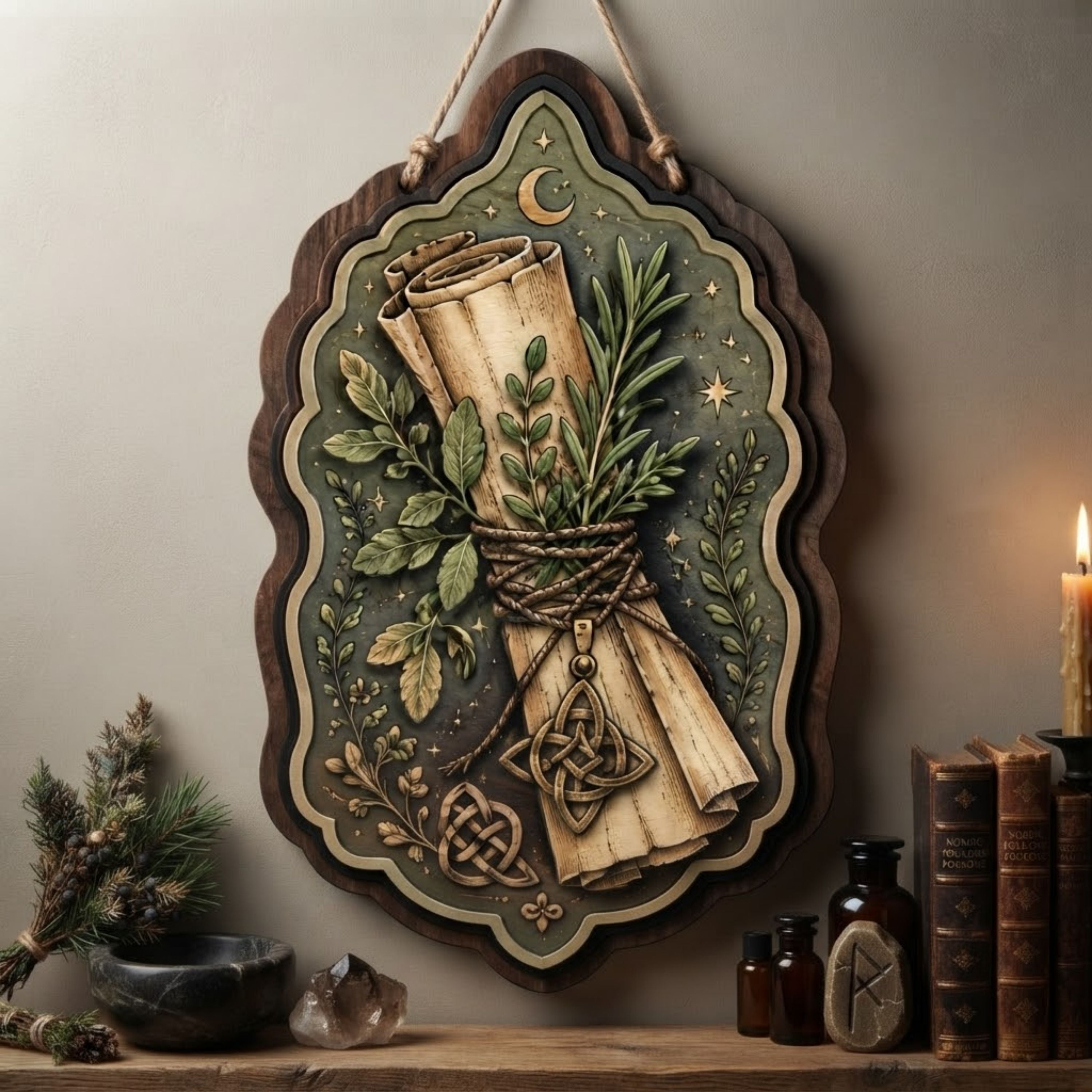 Herbal Scroll Wooden Sign - Green Witch Wall Decor with Healing Herbs, Crescent Moon & Celtic Knots