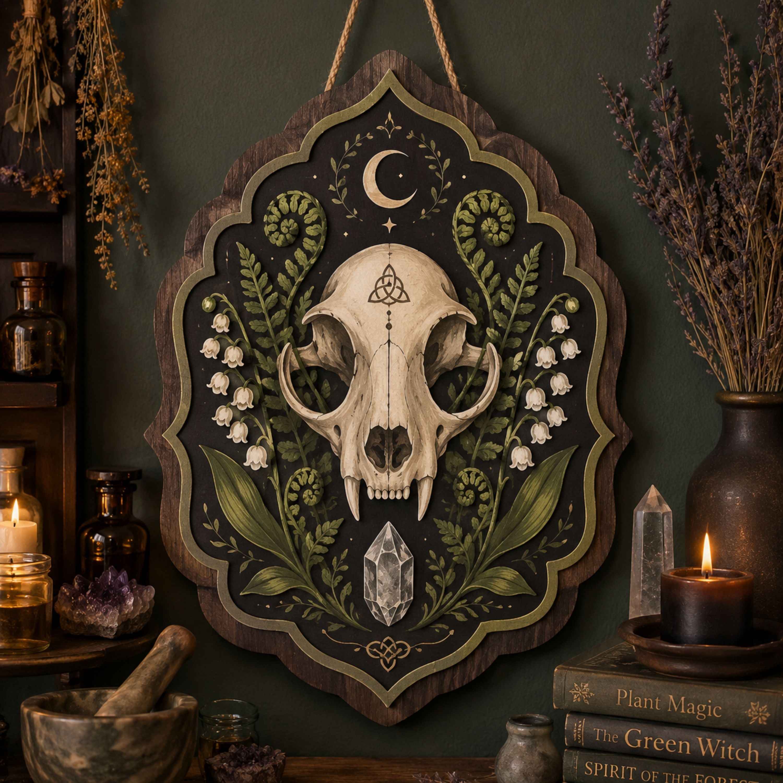 Wild Boar Skull Wooden Sign - Dark Botanical Wall Decor with Ferns, Crystal & Crescent Moon