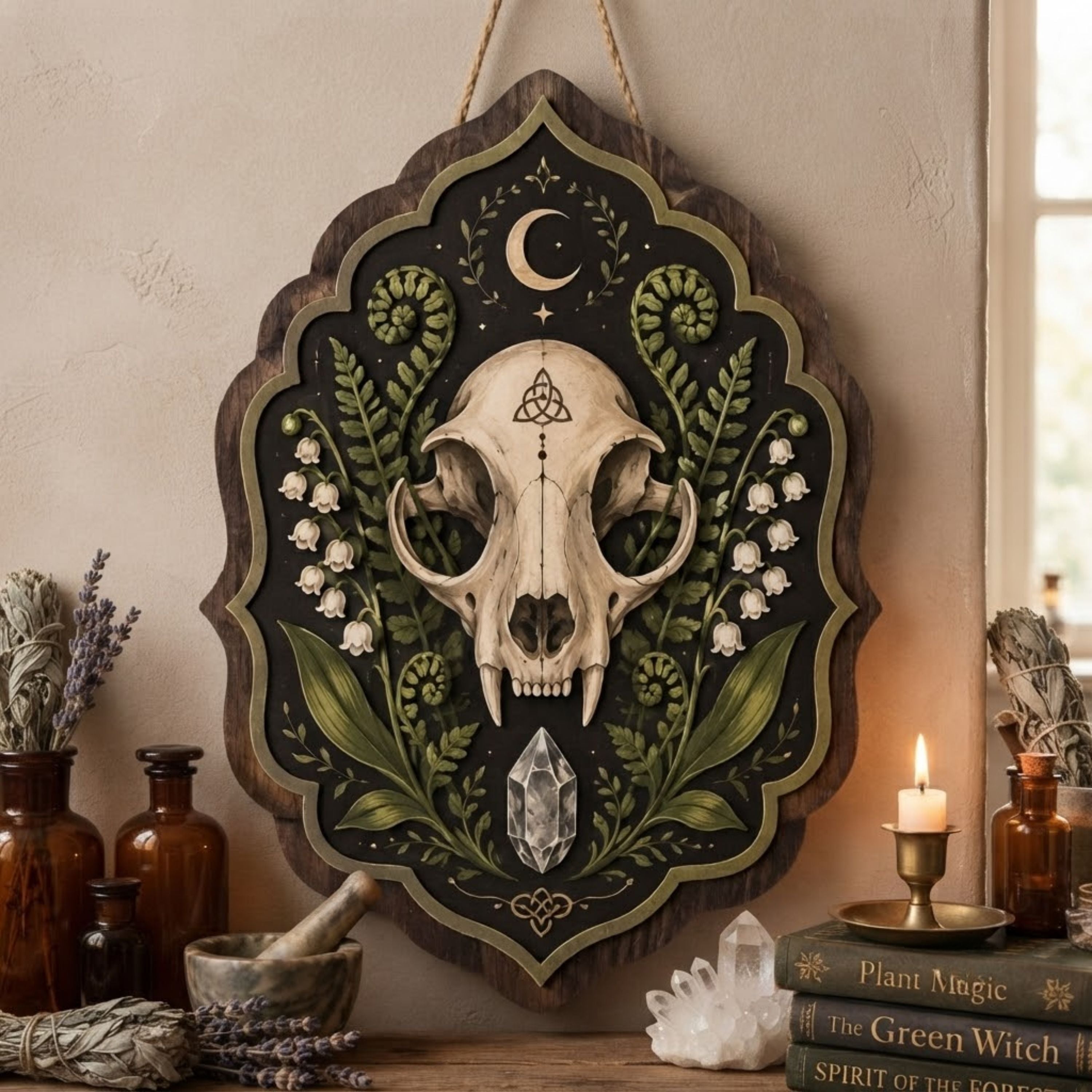 Wild Boar Skull Wooden Sign - Dark Botanical Wall Decor with Ferns, Crystal & Crescent Moon