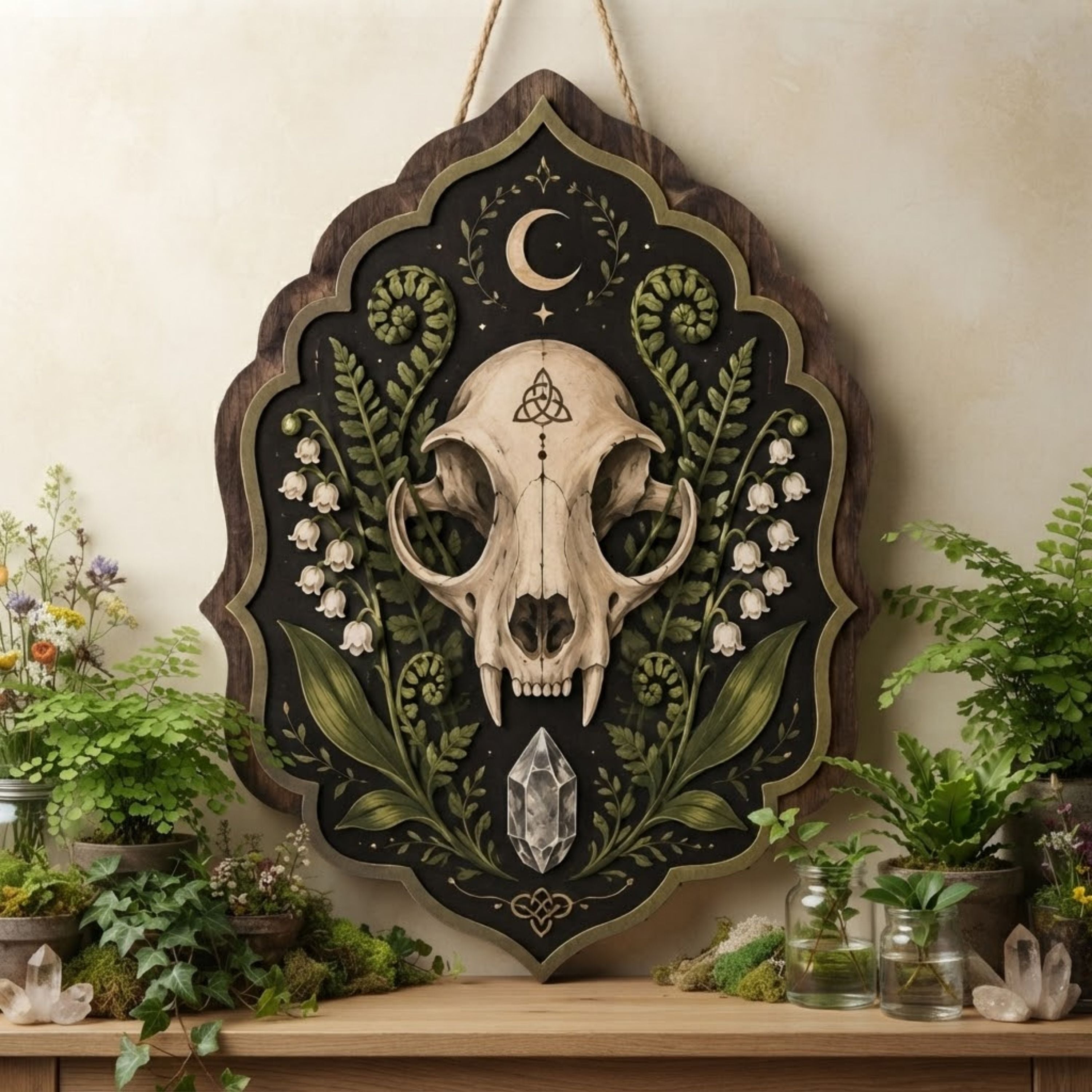 Wild Boar Skull Wooden Sign - Dark Botanical Wall Decor with Ferns, Crystal & Crescent Moon