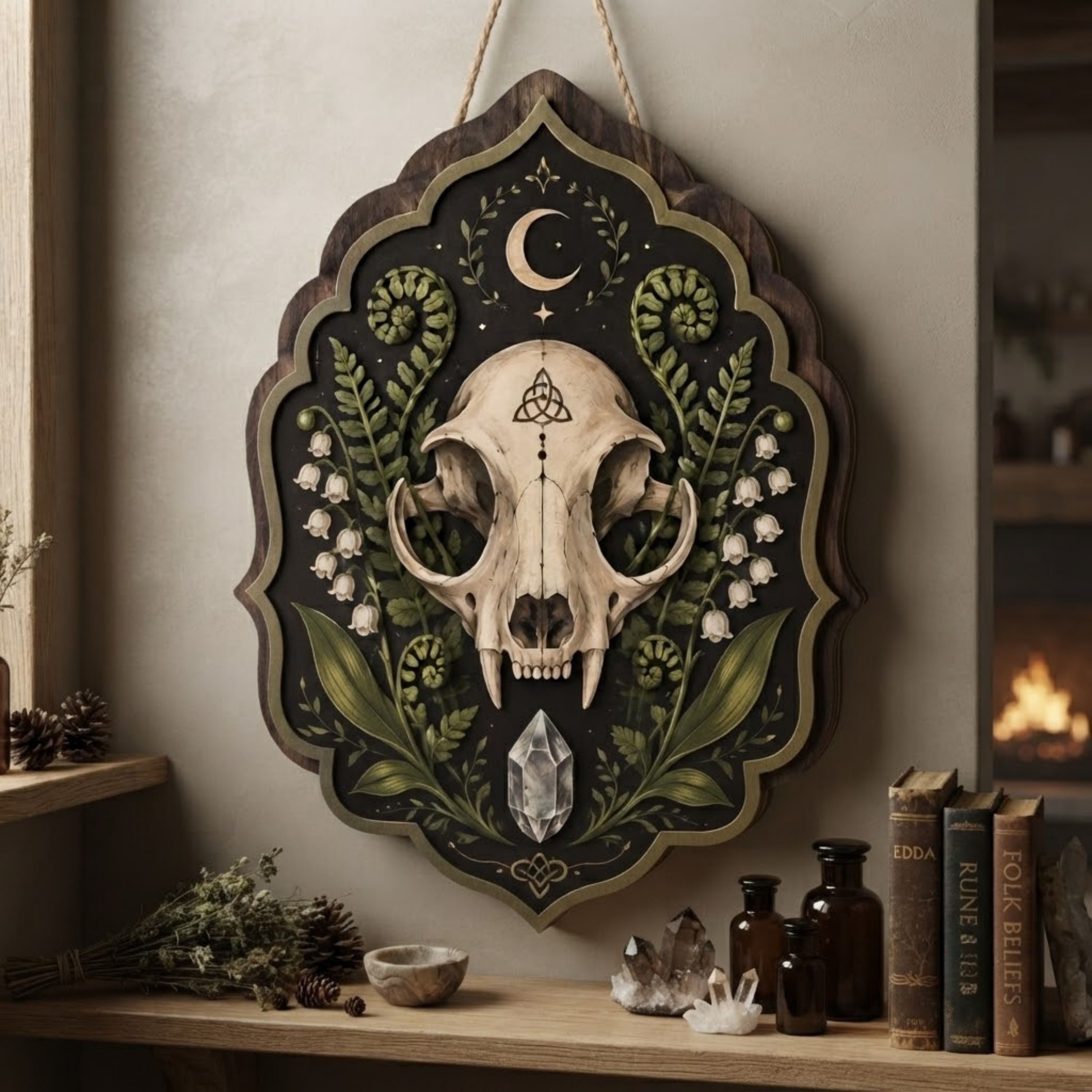 Wild Boar Skull Wooden Sign - Dark Botanical Wall Decor with Ferns, Crystal & Crescent Moon