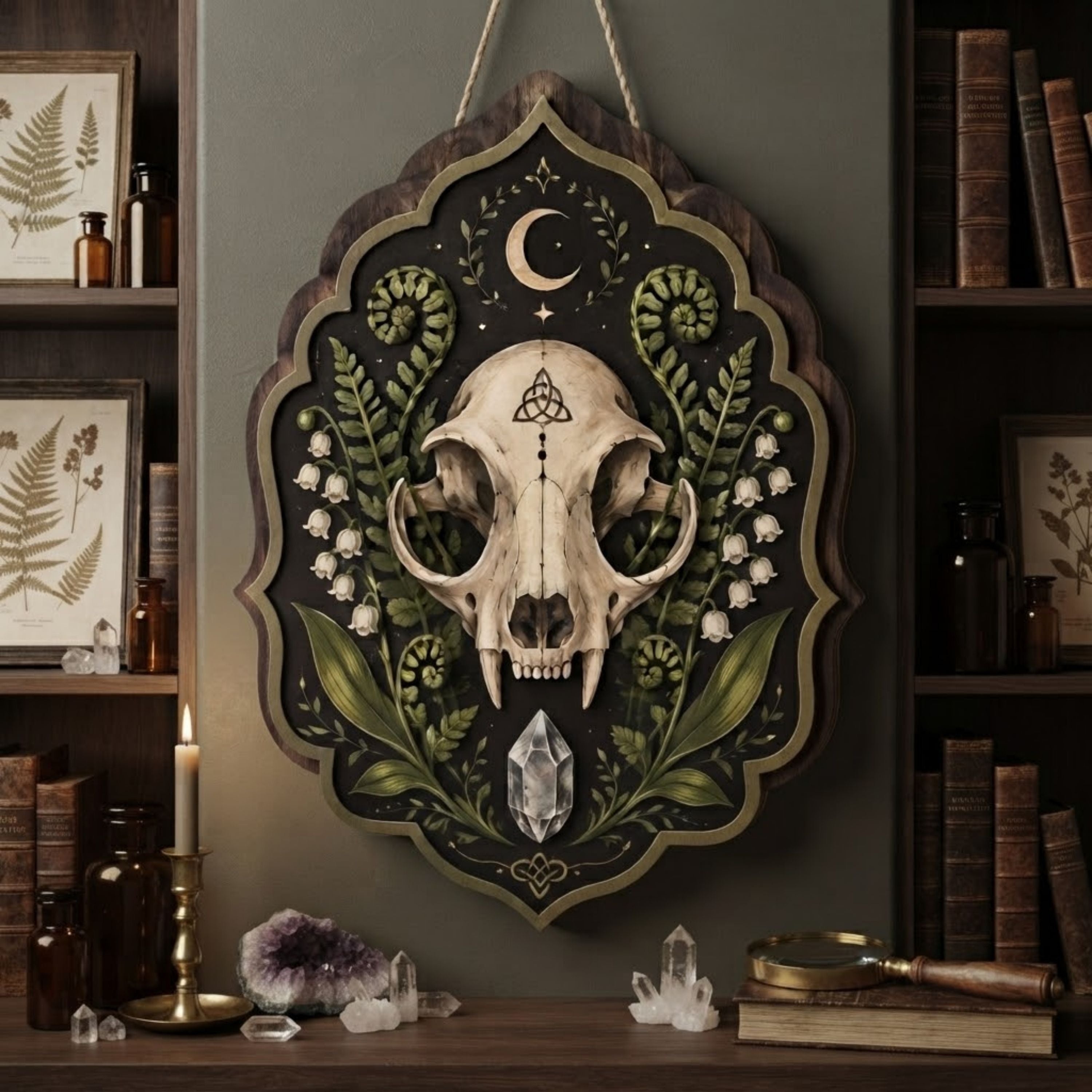 Wild Boar Skull Wooden Sign - Dark Botanical Wall Decor with Ferns, Crystal & Crescent Moon